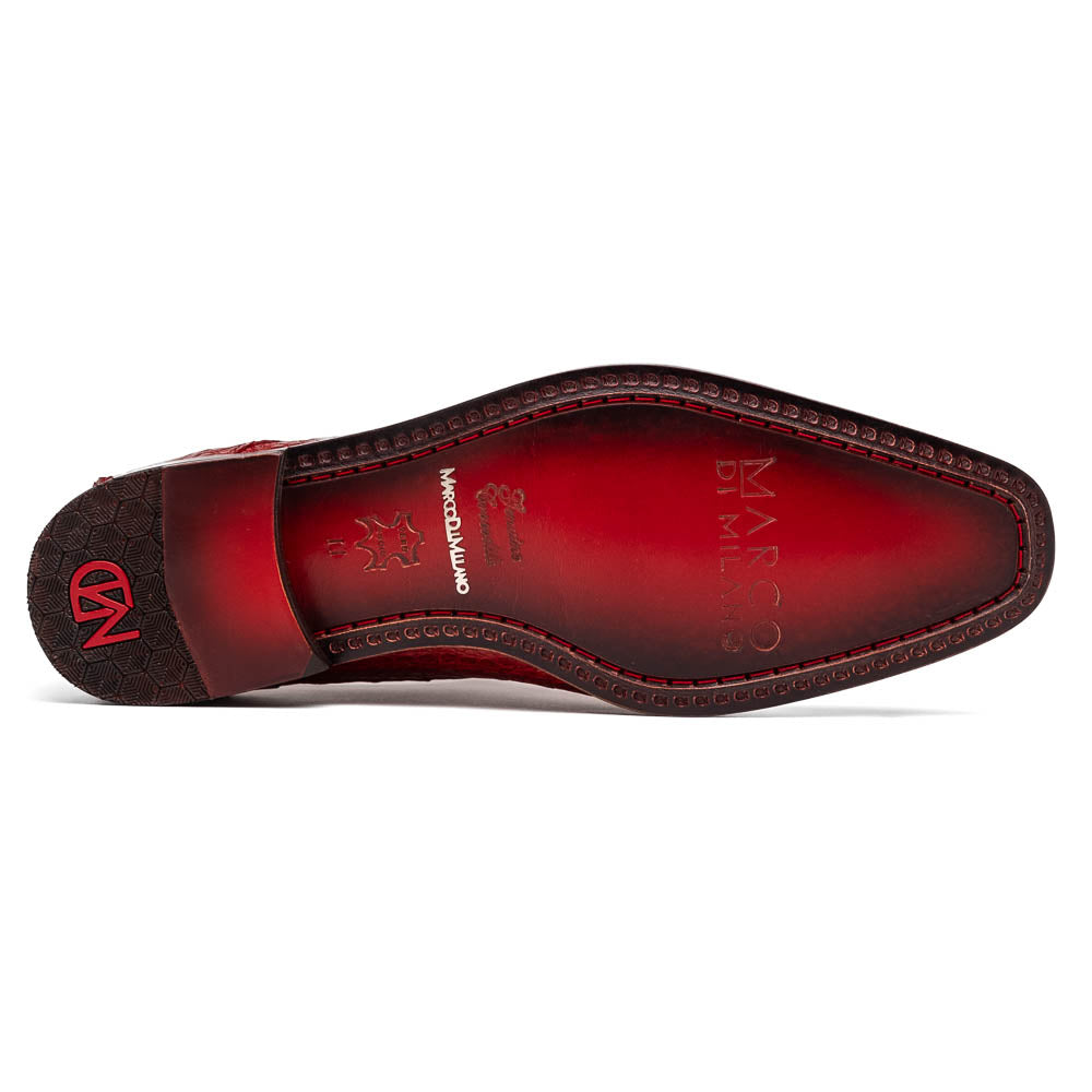 A pair of luxury Marco Di Milano Rovigo Red men's dress shoes in genuine caiman crocodile leather: one upright, the other on its side revealing the elegant sole.