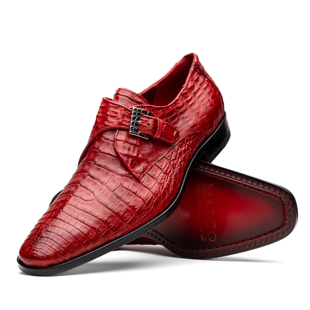 A pair of luxury Marco Di Milano Rovigo Red men's dress shoes in genuine caiman crocodile leather: one upright, the other on its side revealing the elegant sole.