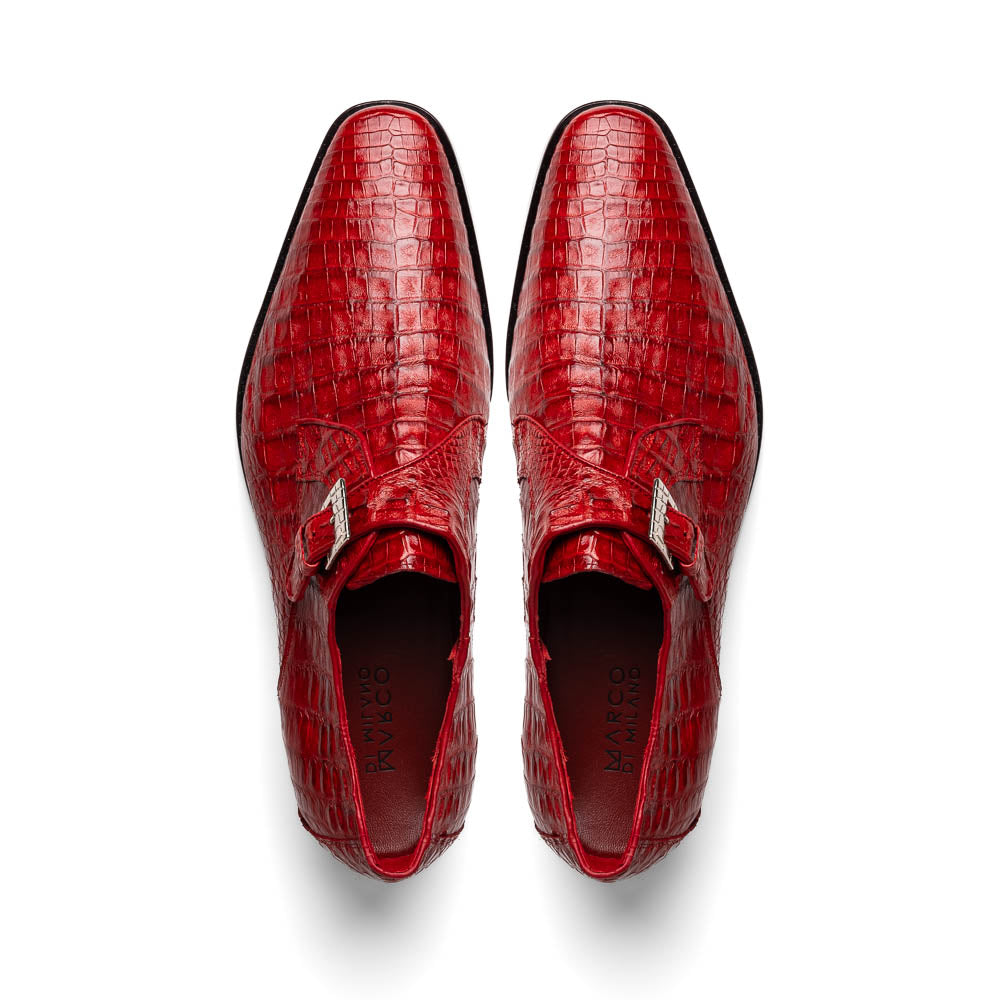 A pair of luxury Marco Di Milano Rovigo Red men's dress shoes in genuine caiman crocodile leather: one upright, the other on its side revealing the elegant sole.