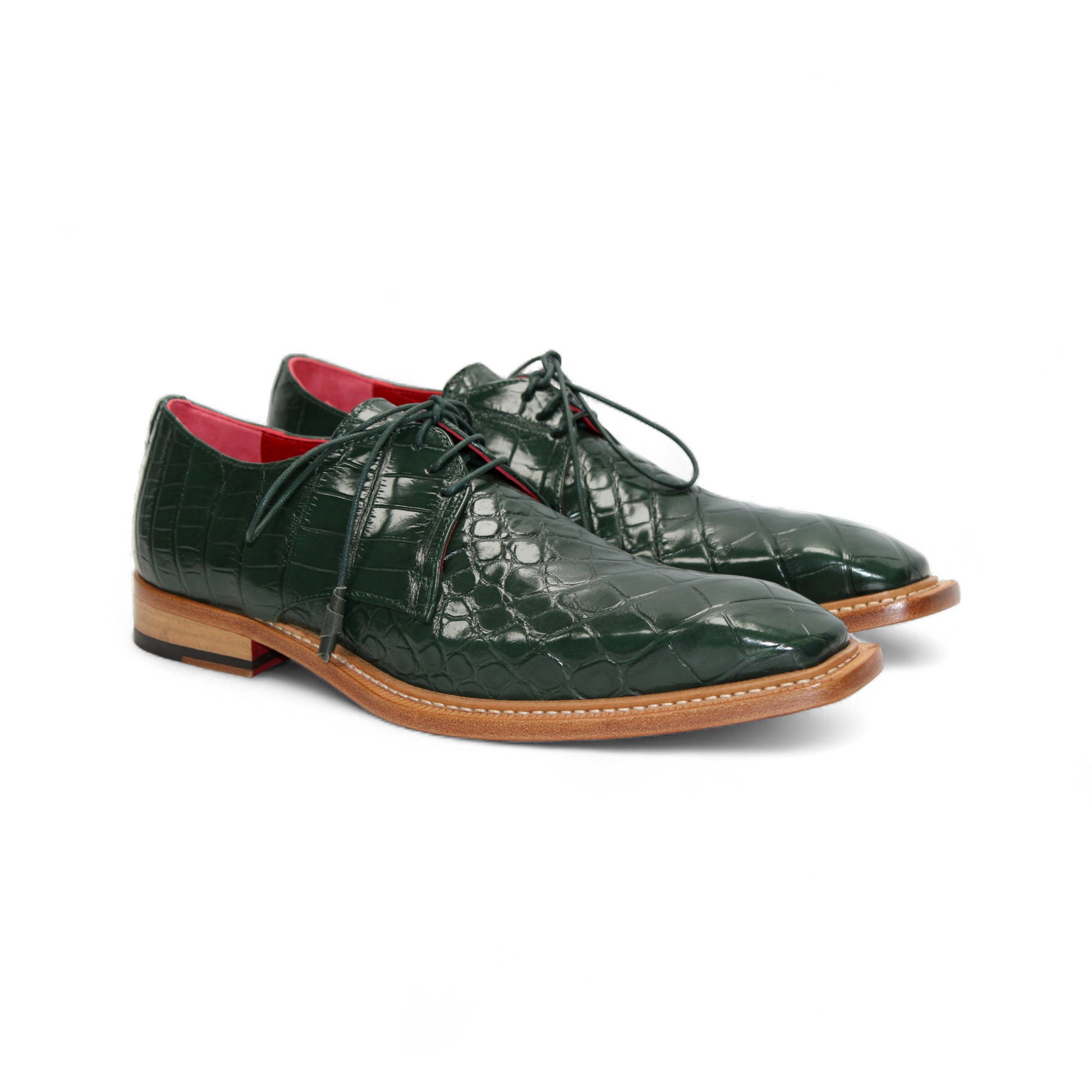 The Fennix Rowan Green by Fennix of Italy is a dark green, crocodile-patterned leather dress shoe with laces, brown sole, and low heel, crafted in Italy and shown from the side on a white background.