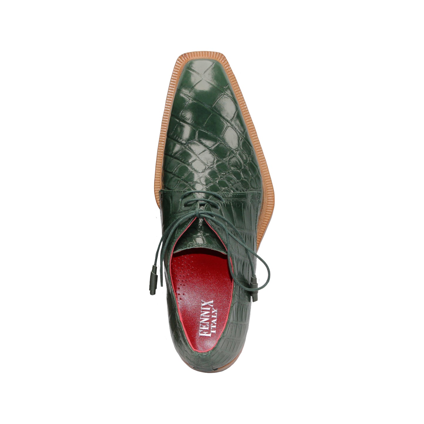 The Fennix Rowan Green by Fennix of Italy is a dark green, crocodile-patterned leather dress shoe with laces, brown sole, and low heel, crafted in Italy and shown from the side on a white background.