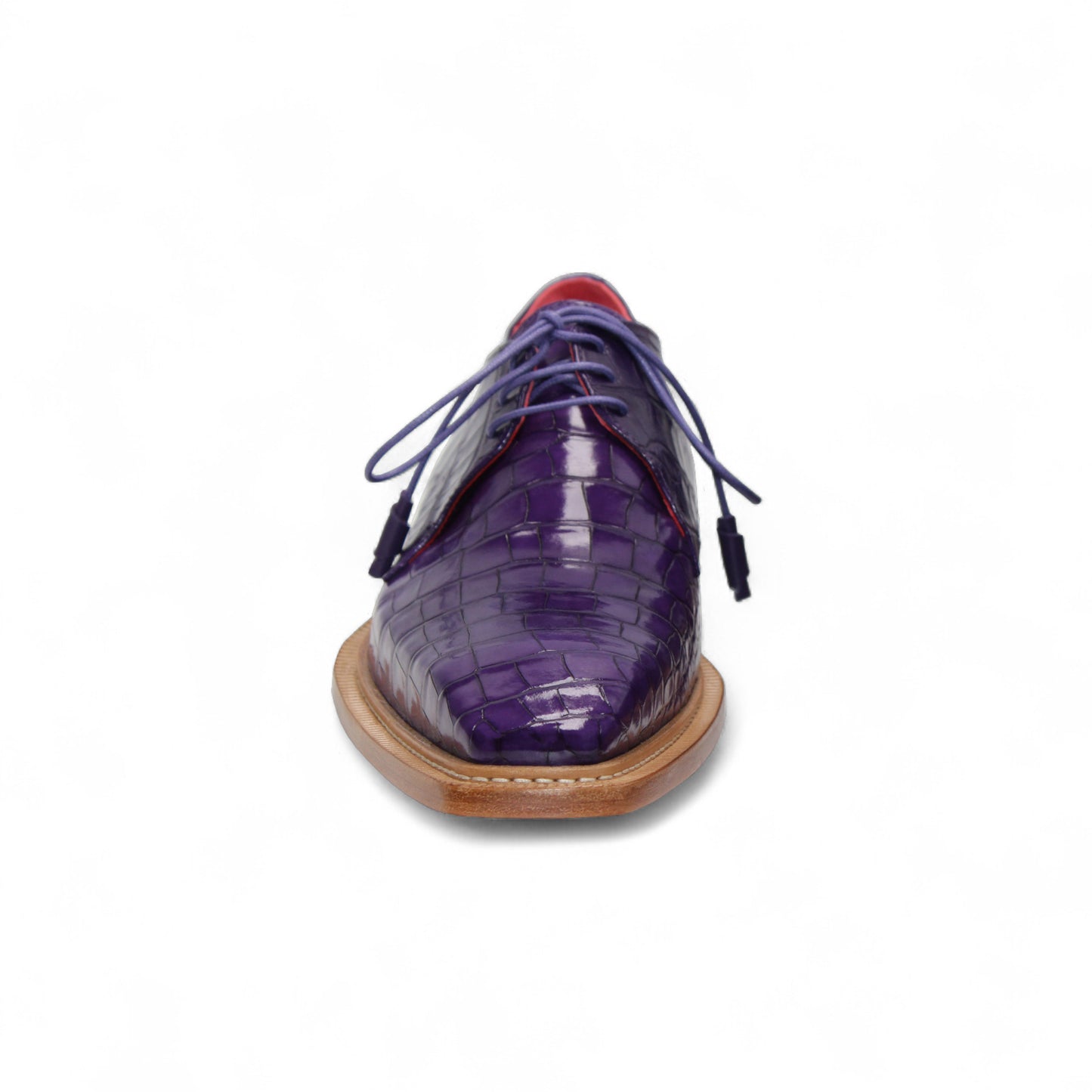 The Fennix Rowan Purple by Fennix of Italy is a luxury purple lace-up dress shoe made from genuine alligator leather, featuring Italian craftsmanship, a brown sole, and a red interior. It's displayed in profile against a white background.