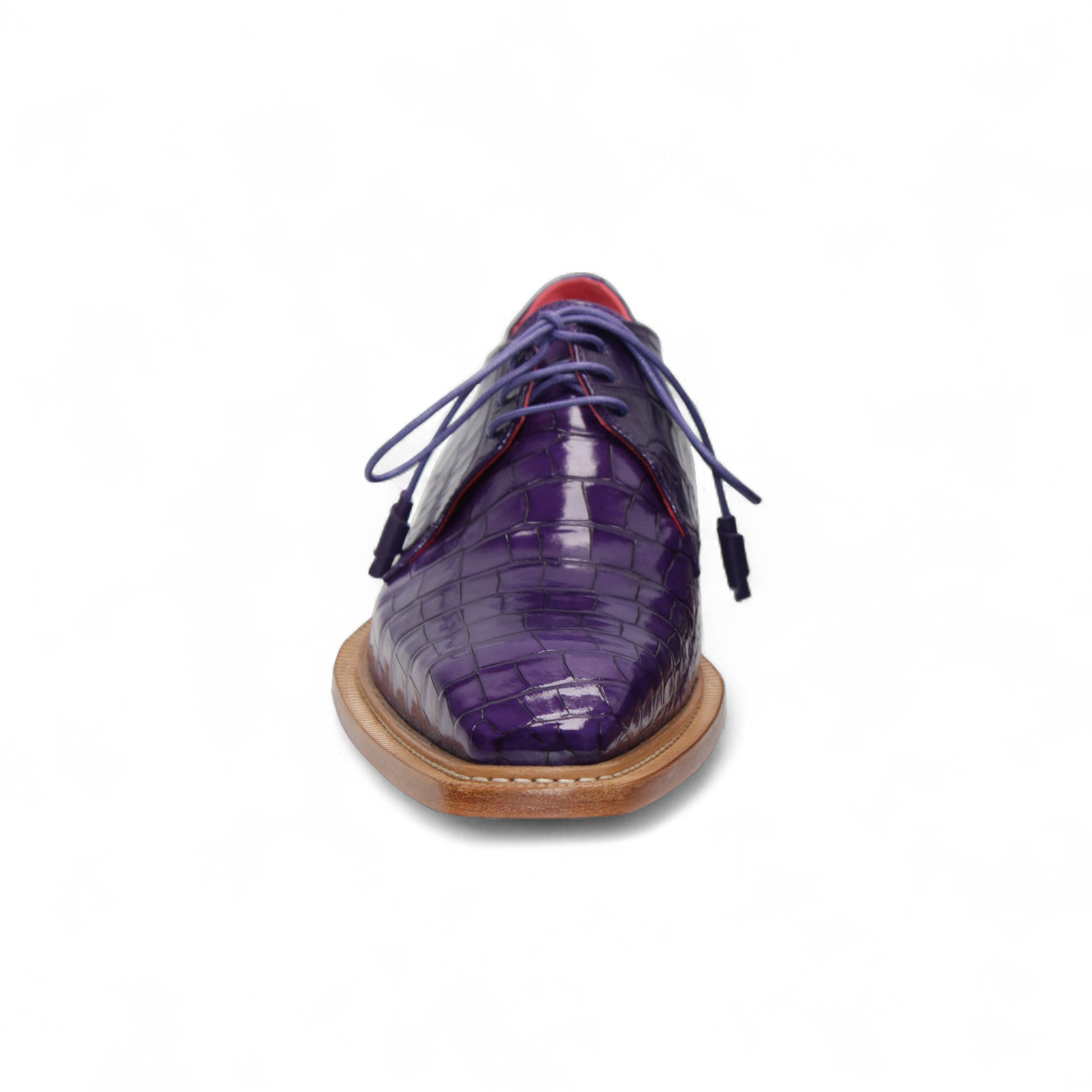 The Fennix Rowan Purple by Fennix of Italy is a luxury purple lace-up dress shoe made from genuine alligator leather, featuring Italian craftsmanship, a brown sole, and a red interior. It's displayed in profile against a white background.