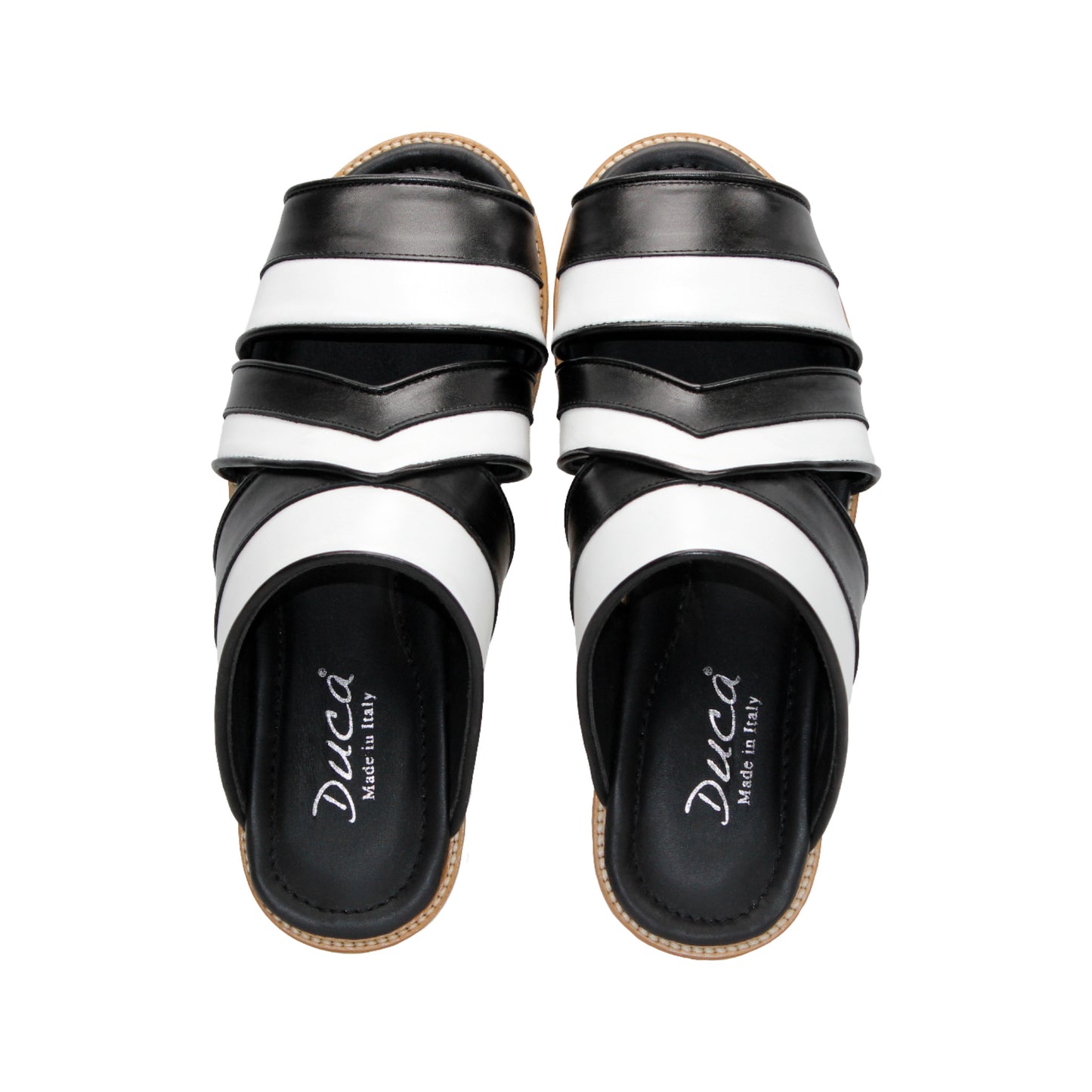 The Duca Di Matiste Duca SA118 Black/White slip-on sandal features crisscross straps and a flat, ridged sole, shown from the side on a white background—showcasing modern Italian-inspired shoe design.