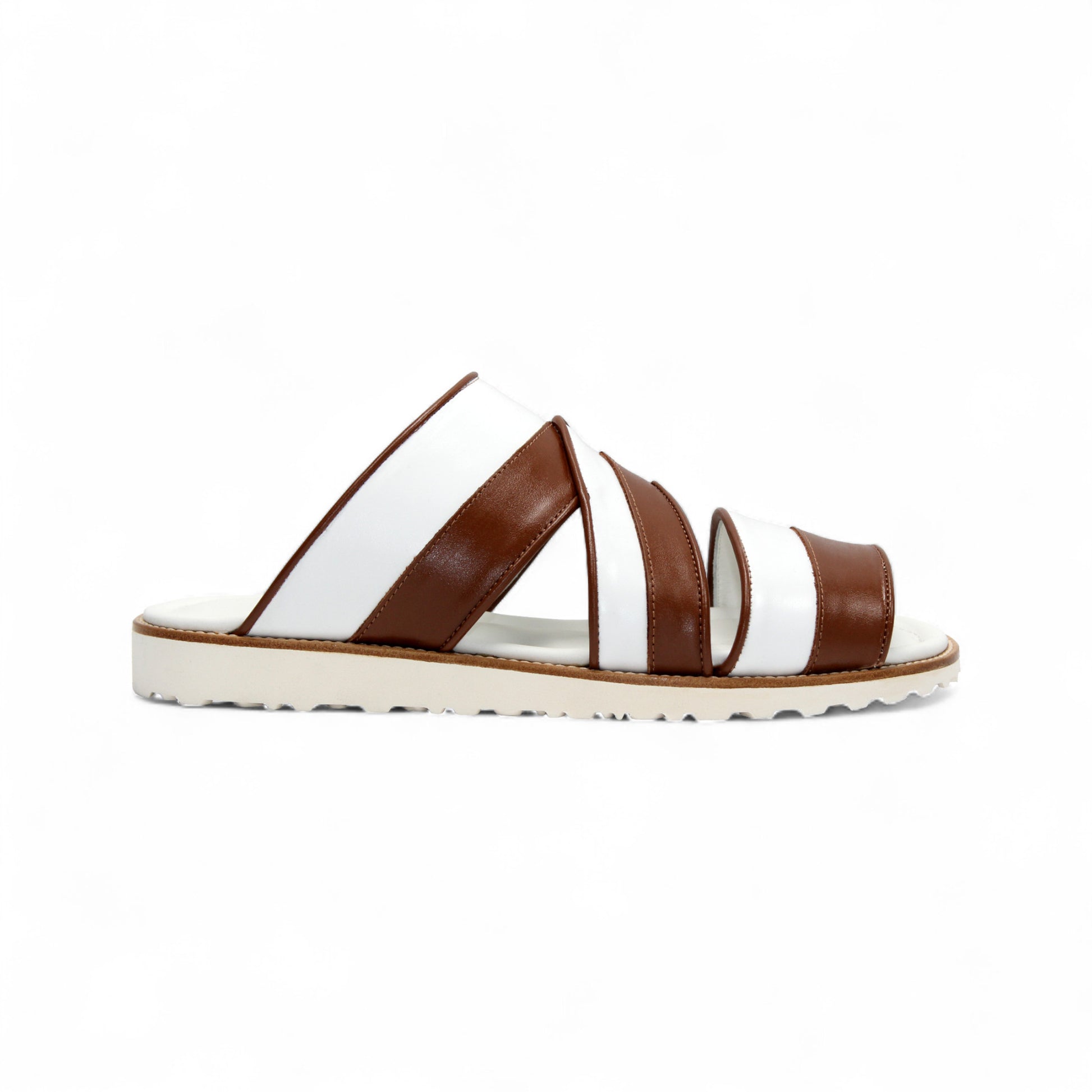 The Duca Di Matiste Duca SA118 Ambra/White is a flat sandal featuring white and brown Italian leather crisscross straps and a white sole—ideal for those who love modern Italian footwear.