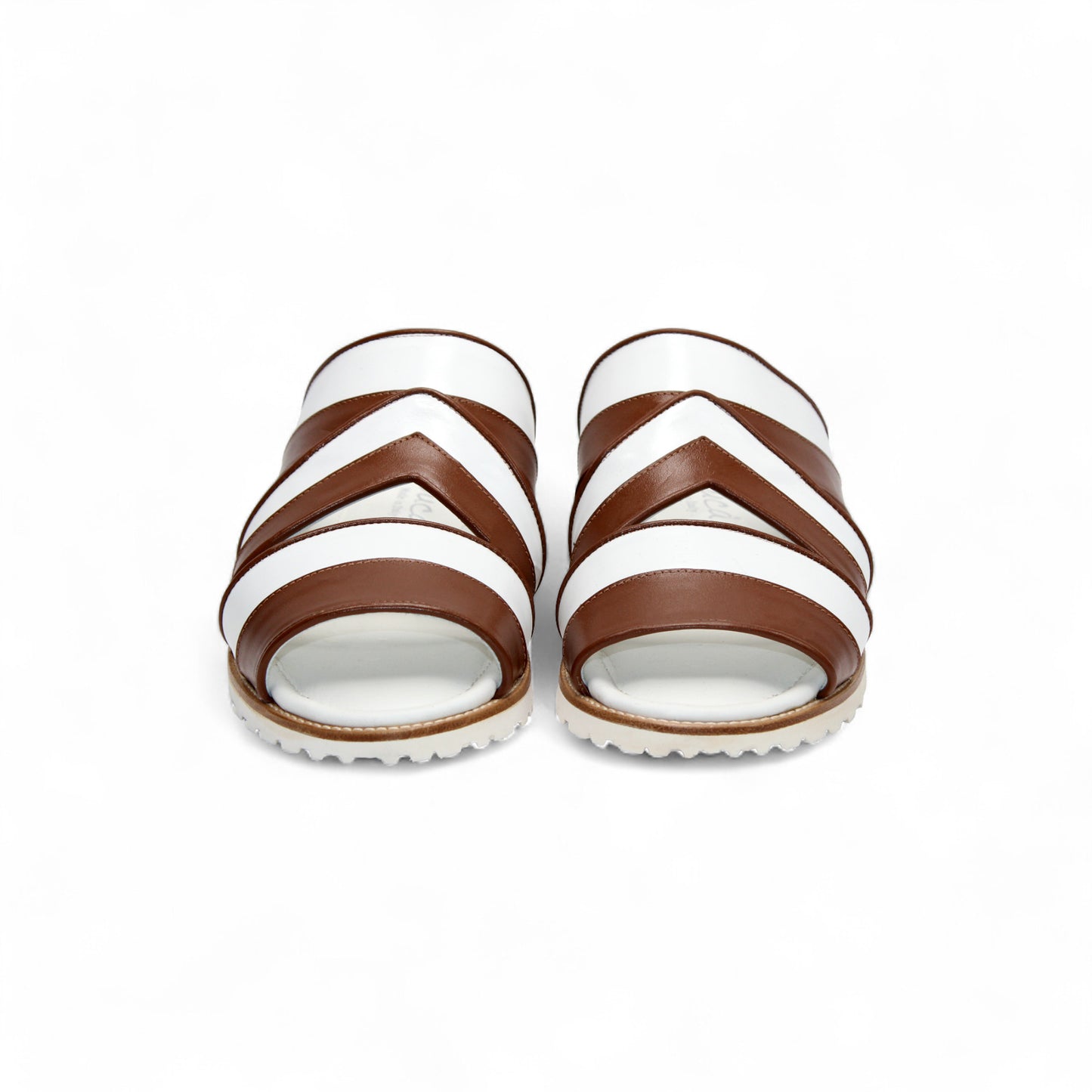 The Duca Di Matiste Duca SA118 Ambra/White is a flat sandal featuring white and brown Italian leather crisscross straps and a white sole—ideal for those who love modern Italian footwear.