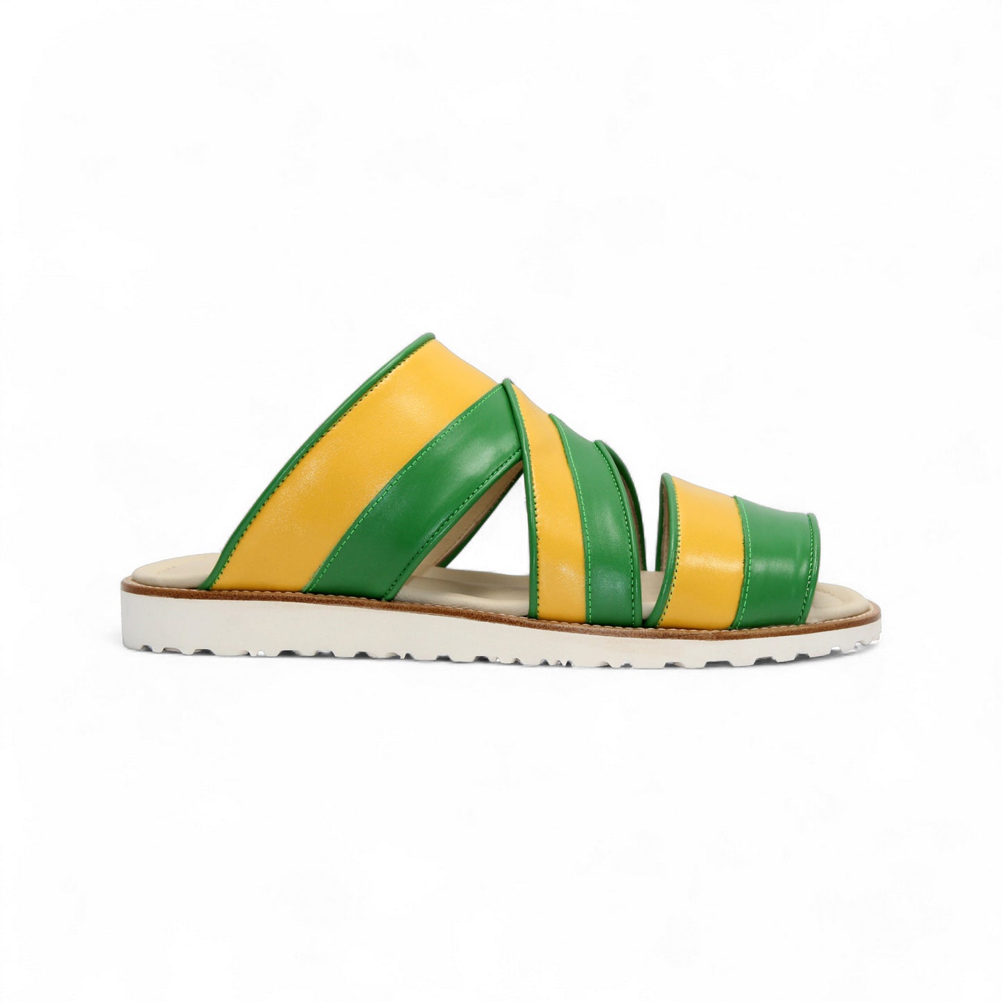 The Duca Di Matiste Duca SA118 Green/Yellow is a flat sandal with green and yellow leather straps and a white ridged sole, inspired by modern Italian footwear and shown in side profile on a plain white background.