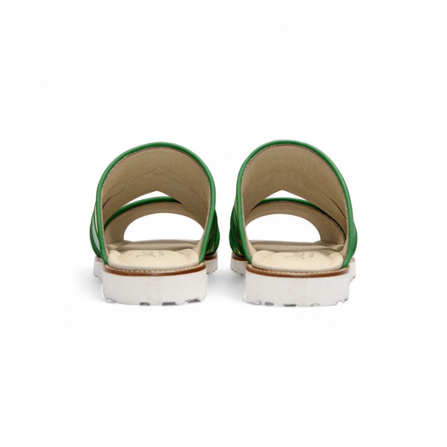 The Duca Di Matiste Duca SA118 Green/Yellow is a flat sandal with green and yellow leather straps and a white ridged sole, inspired by modern Italian footwear and shown in side profile on a plain white background.