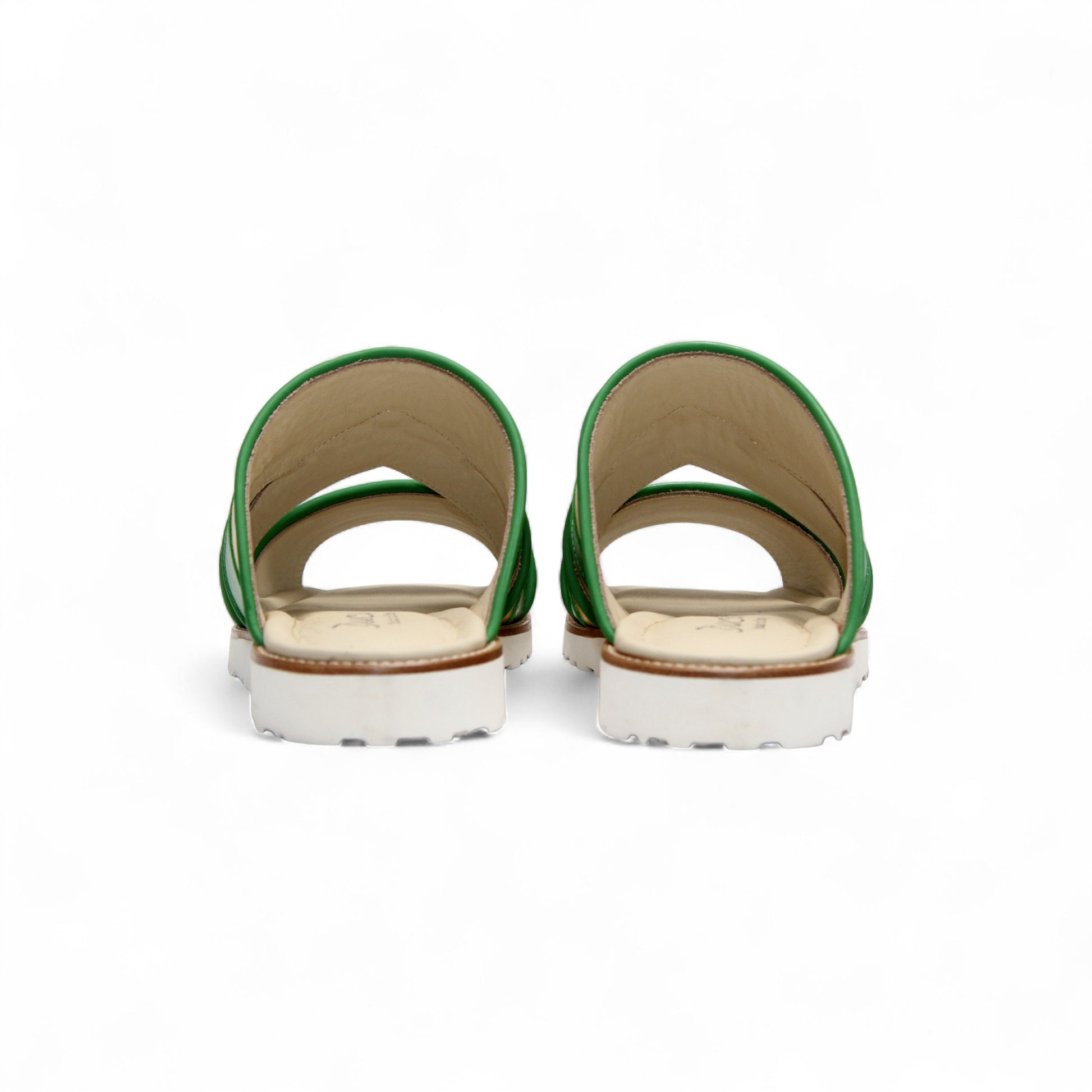 The Duca Di Matiste Duca SA118 Green/Yellow is a flat sandal with green and yellow leather straps and a white ridged sole, inspired by modern Italian footwear and shown in side profile on a plain white background.