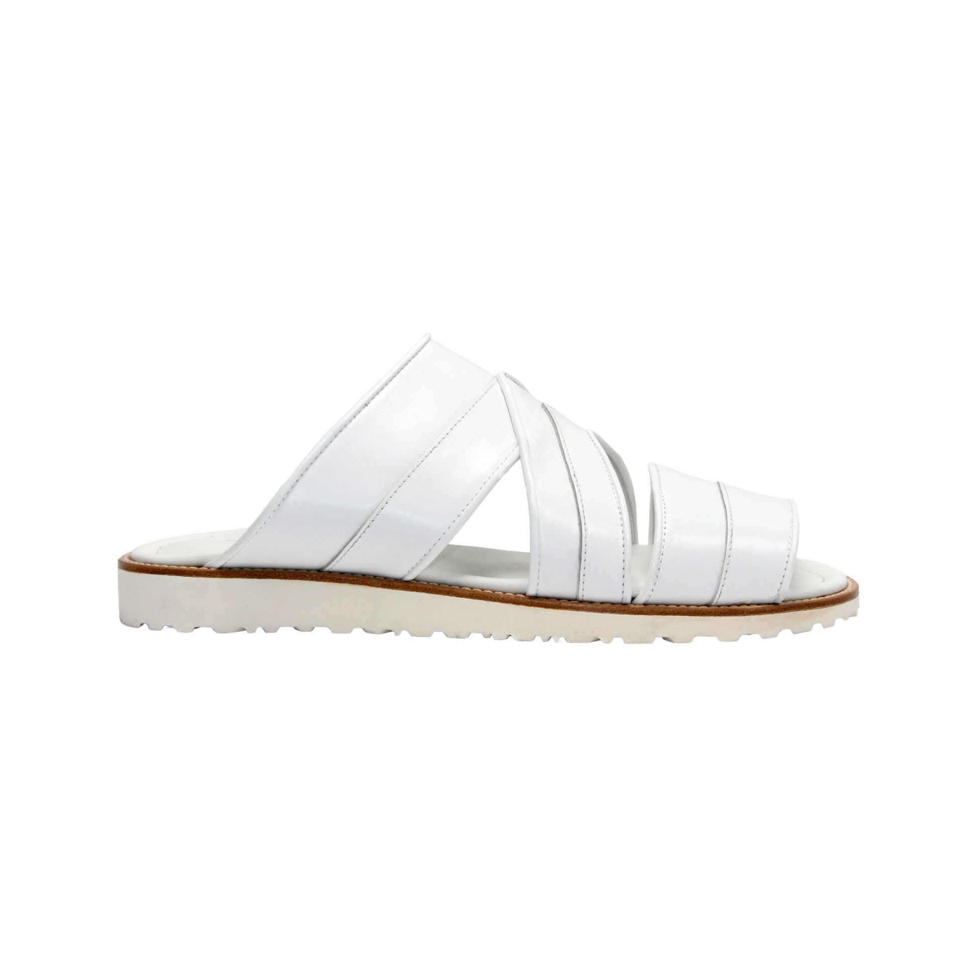 The Duca Di Matiste Duca SA118 White sandal features a modern Italian design with multiple straps, an open toe, flat sole, subtle tread, and effortless style—shown from the side.