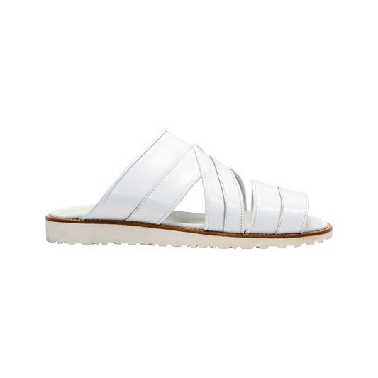 The Duca Di Matiste Duca SA118 White sandal features a modern Italian design with multiple straps, an open toe, flat sole, subtle tread, and effortless style—shown from the side.