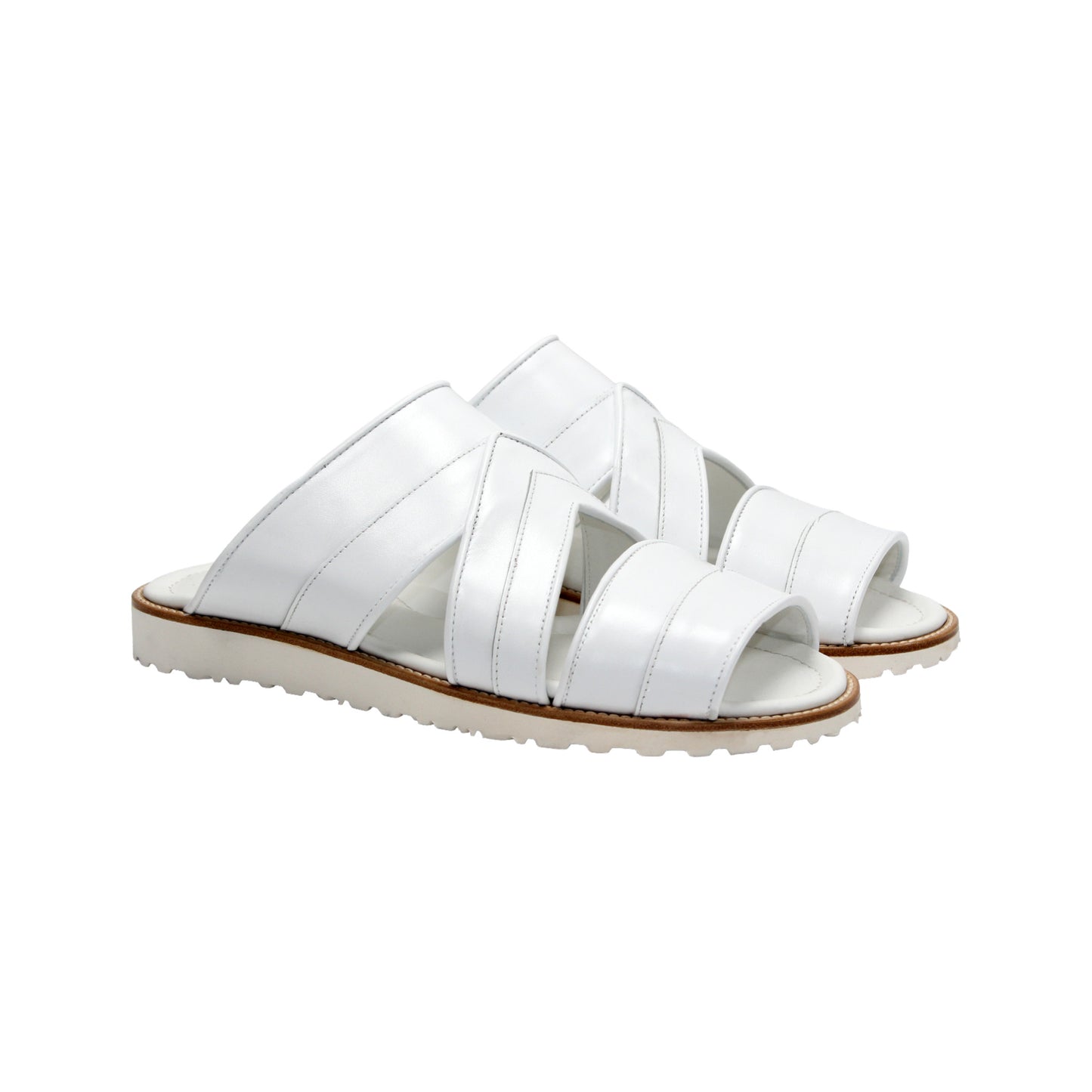 The Duca Di Matiste Duca SA118 White sandal features a modern Italian design with multiple straps, an open toe, flat sole, subtle tread, and effortless style—shown from the side.
