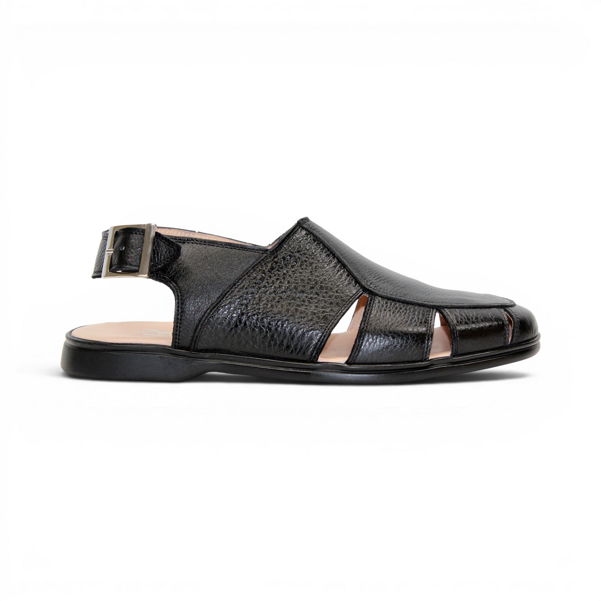 The Duca Di Matiste Duca SA131 Black is an Italian-made sandal in black leather, featuring a closed toe, side cutouts, and a slingback buckle strap, shown in profile against a white background.