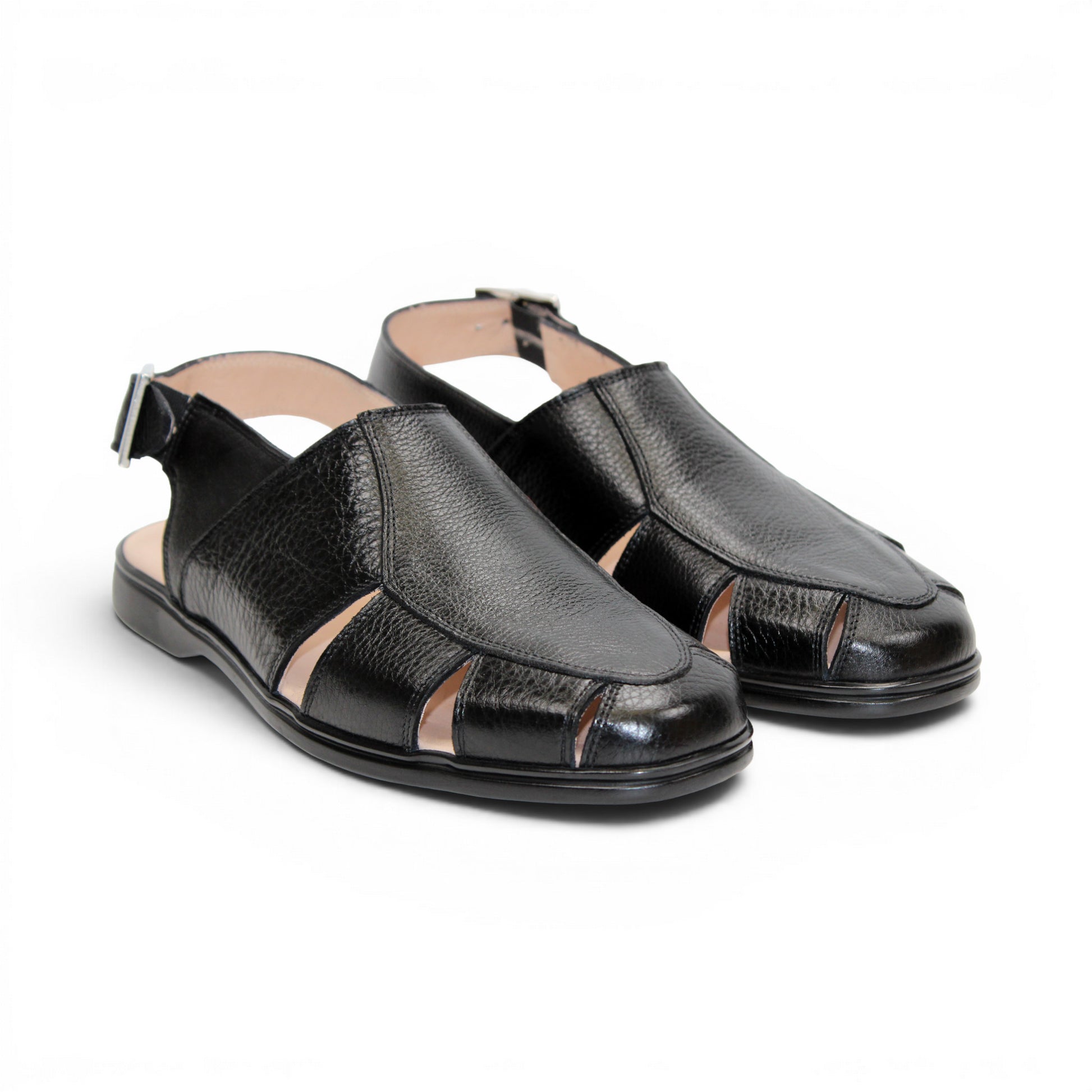 The Duca Di Matiste Duca SA131 Black is an Italian-made sandal in black leather, featuring a closed toe, side cutouts, and a slingback buckle strap, shown in profile against a white background.