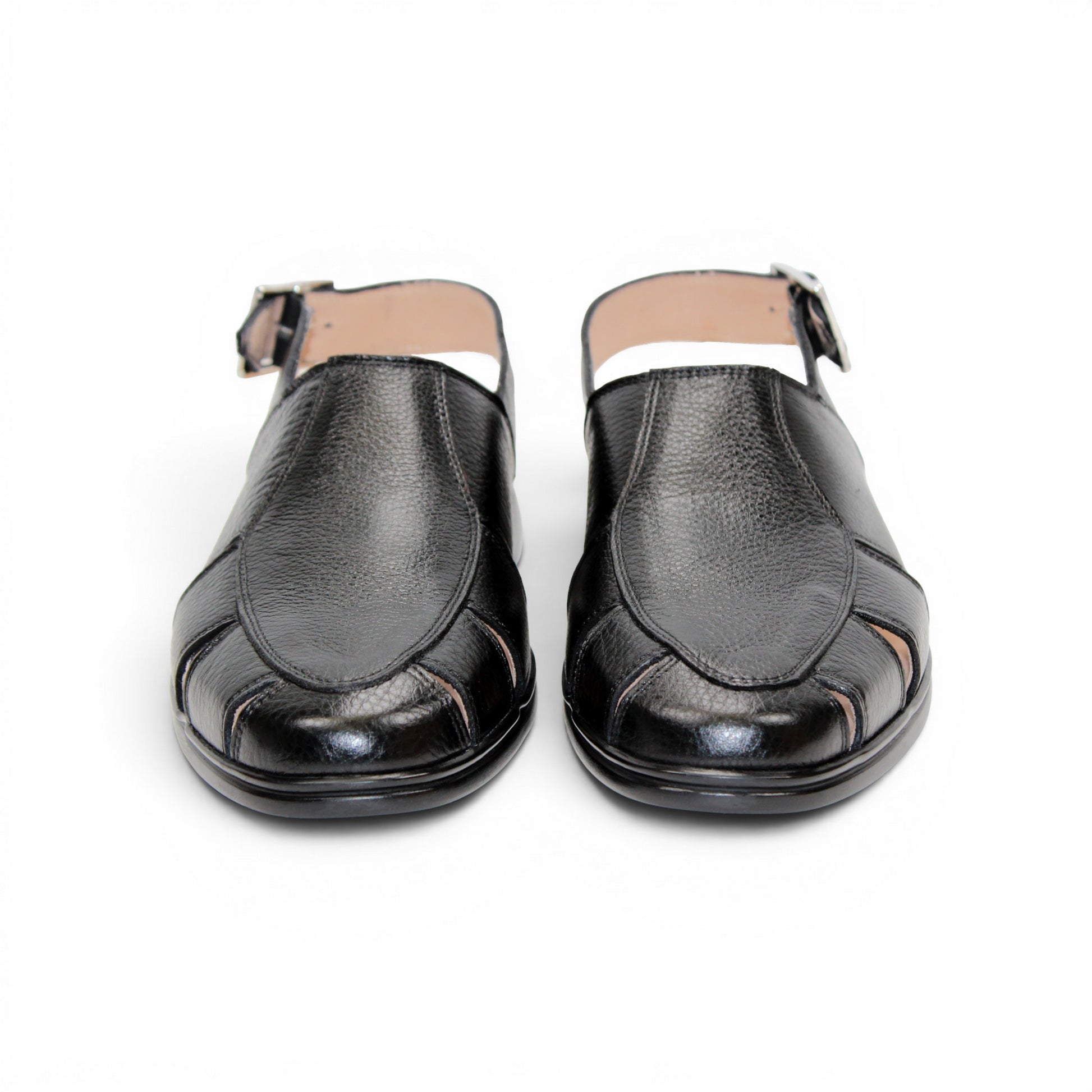 The Duca Di Matiste Duca SA131 Black is an Italian-made sandal in black leather, featuring a closed toe, side cutouts, and a slingback buckle strap, shown in profile against a white background.