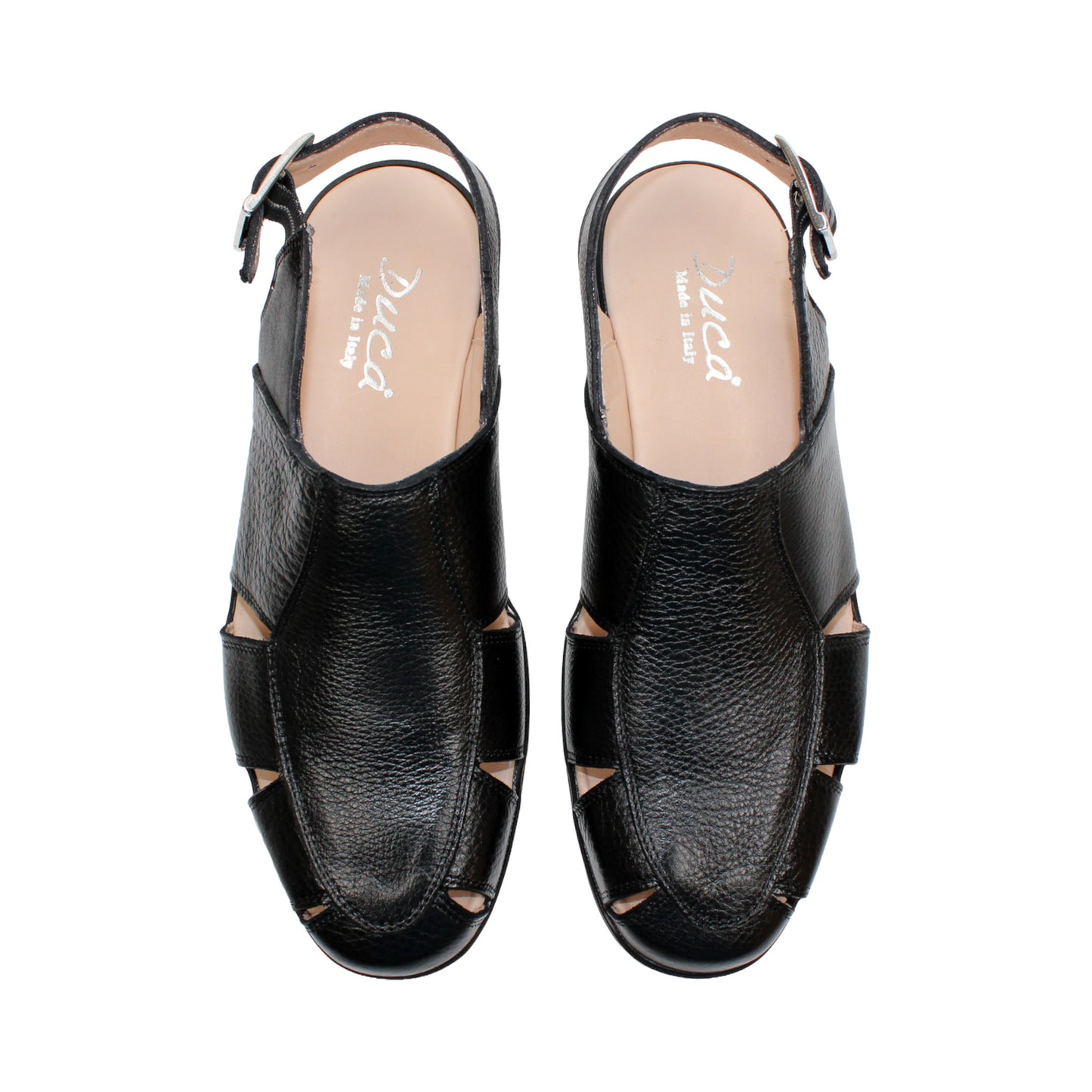 The Duca Di Matiste Duca SA131 Black is an Italian-made sandal in black leather, featuring a closed toe, side cutouts, and a slingback buckle strap, shown in profile against a white background.