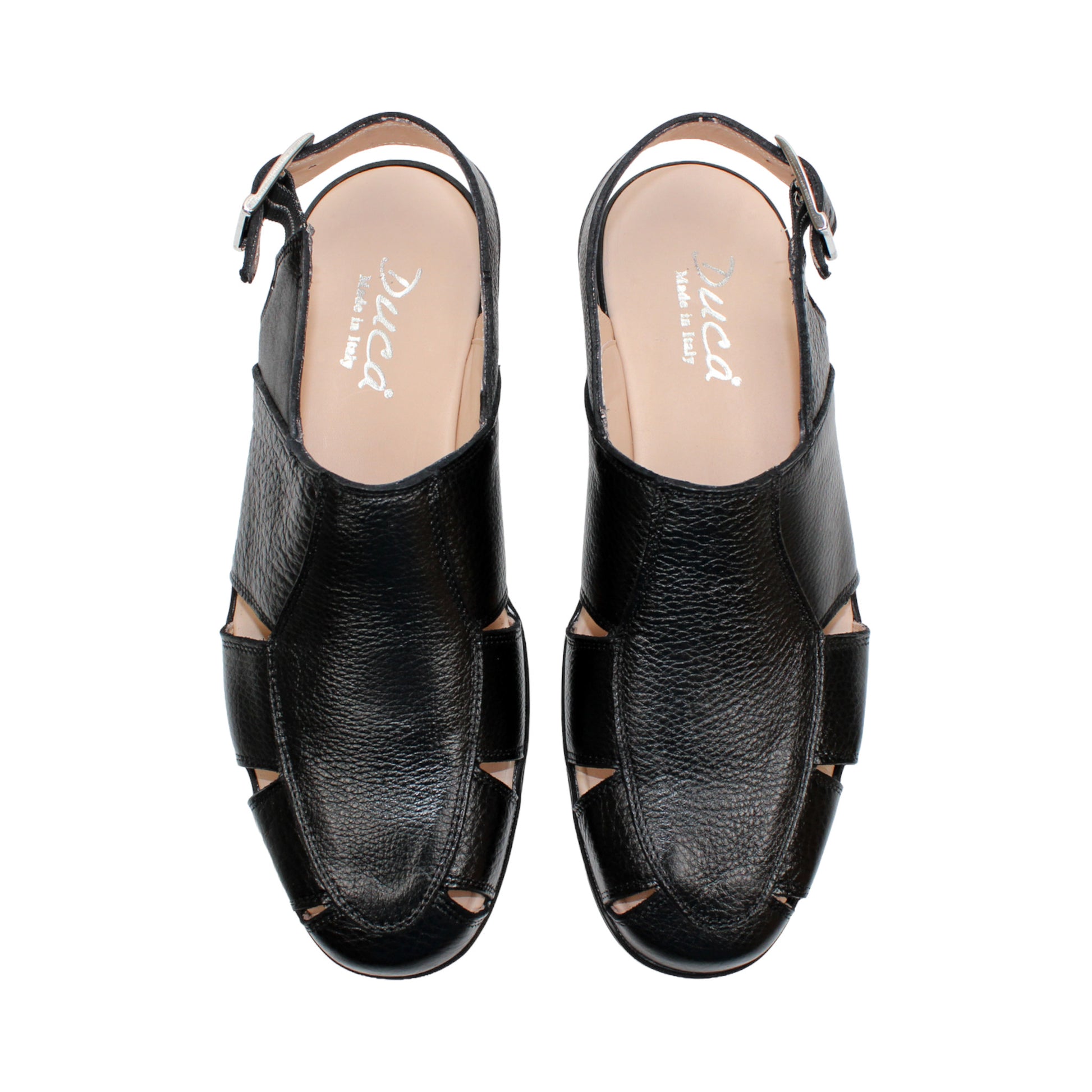 The Duca Di Matiste Duca SA131 Black is an Italian-made sandal in black leather, featuring a closed toe, side cutouts, and a slingback buckle strap, shown in profile against a white background.