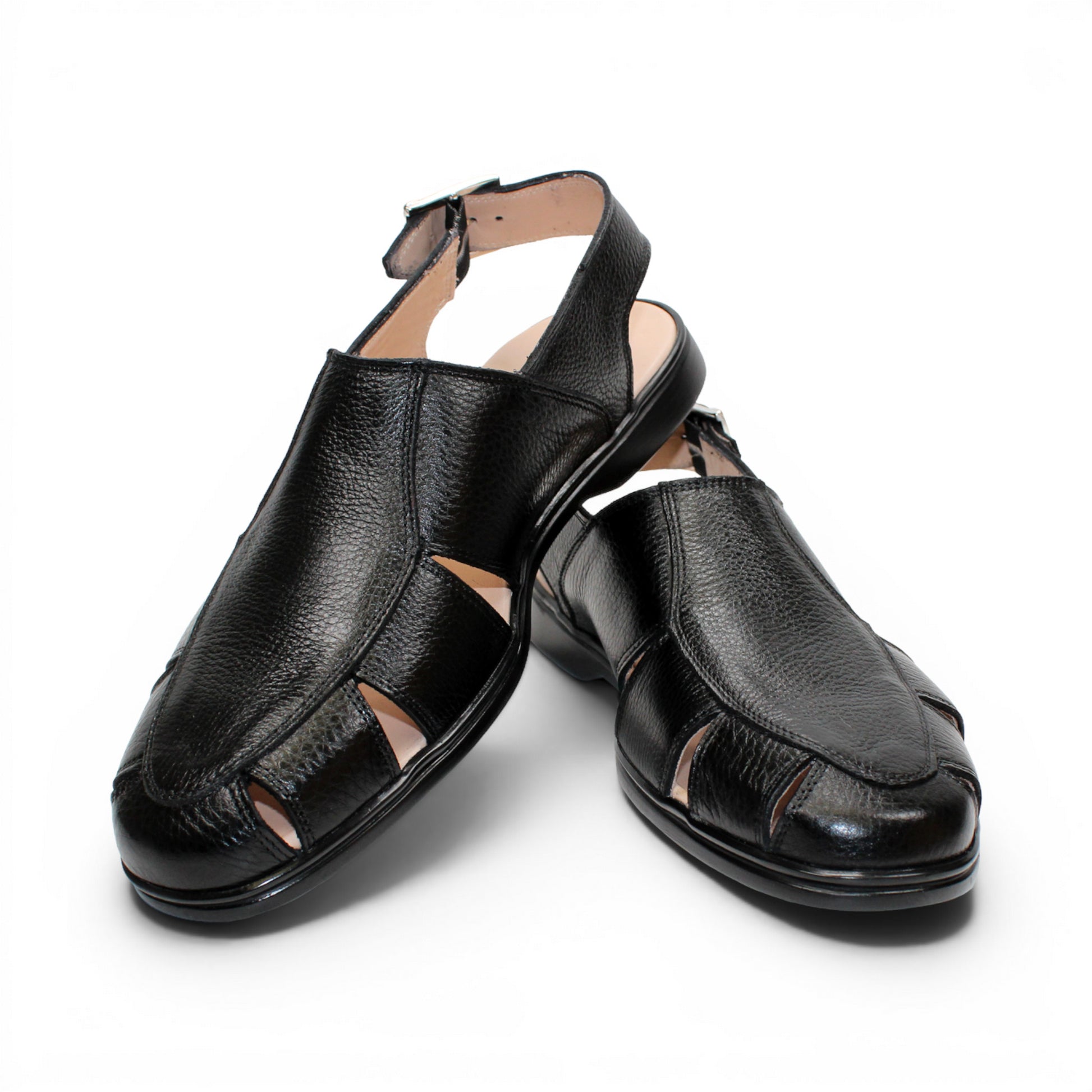 The Duca Di Matiste Duca SA131 Black is an Italian-made sandal in black leather, featuring a closed toe, side cutouts, and a slingback buckle strap, shown in profile against a white background.