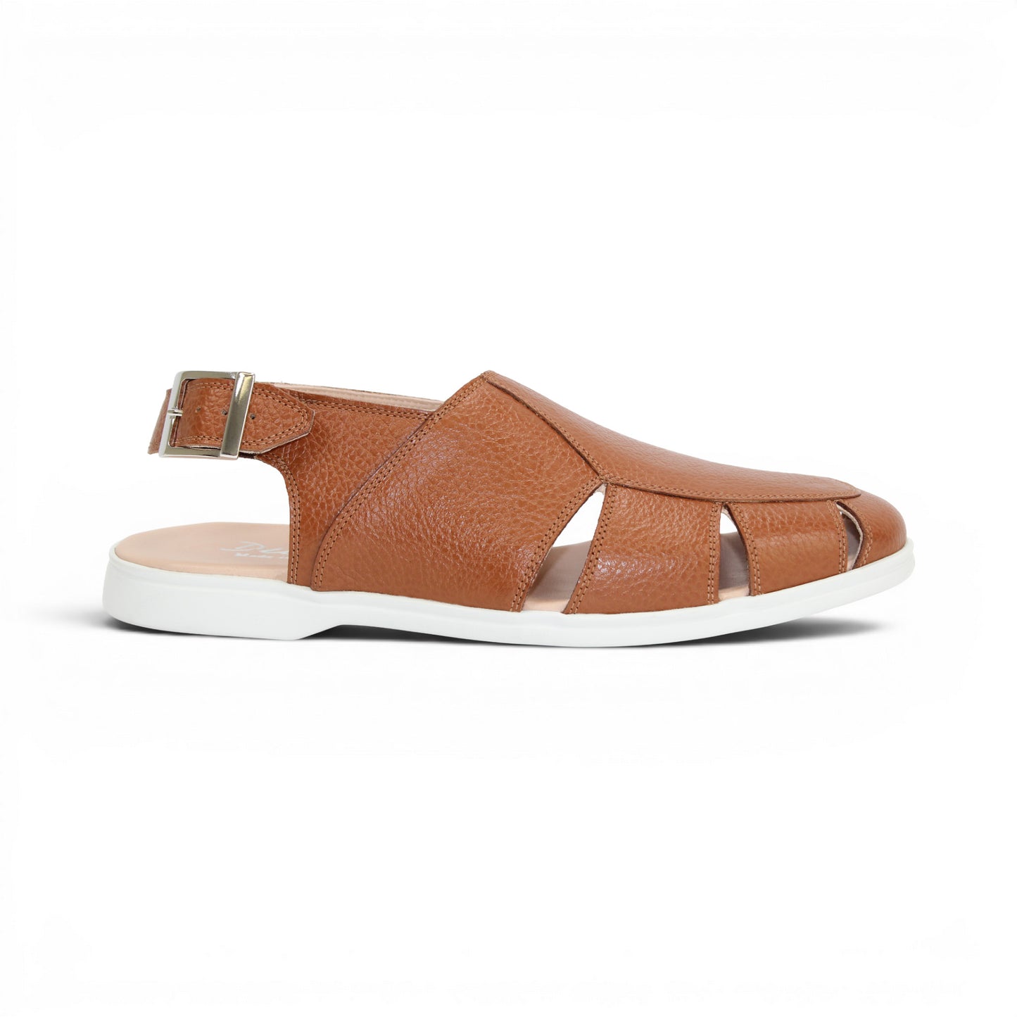 The Duca Di Matiste Duca SA131 Cognac is an Italian-made brown printed calf leather sandal with cutout sides, closed toe, slingback buckle strap, and white rubber sole. Shown in side view on a white background.