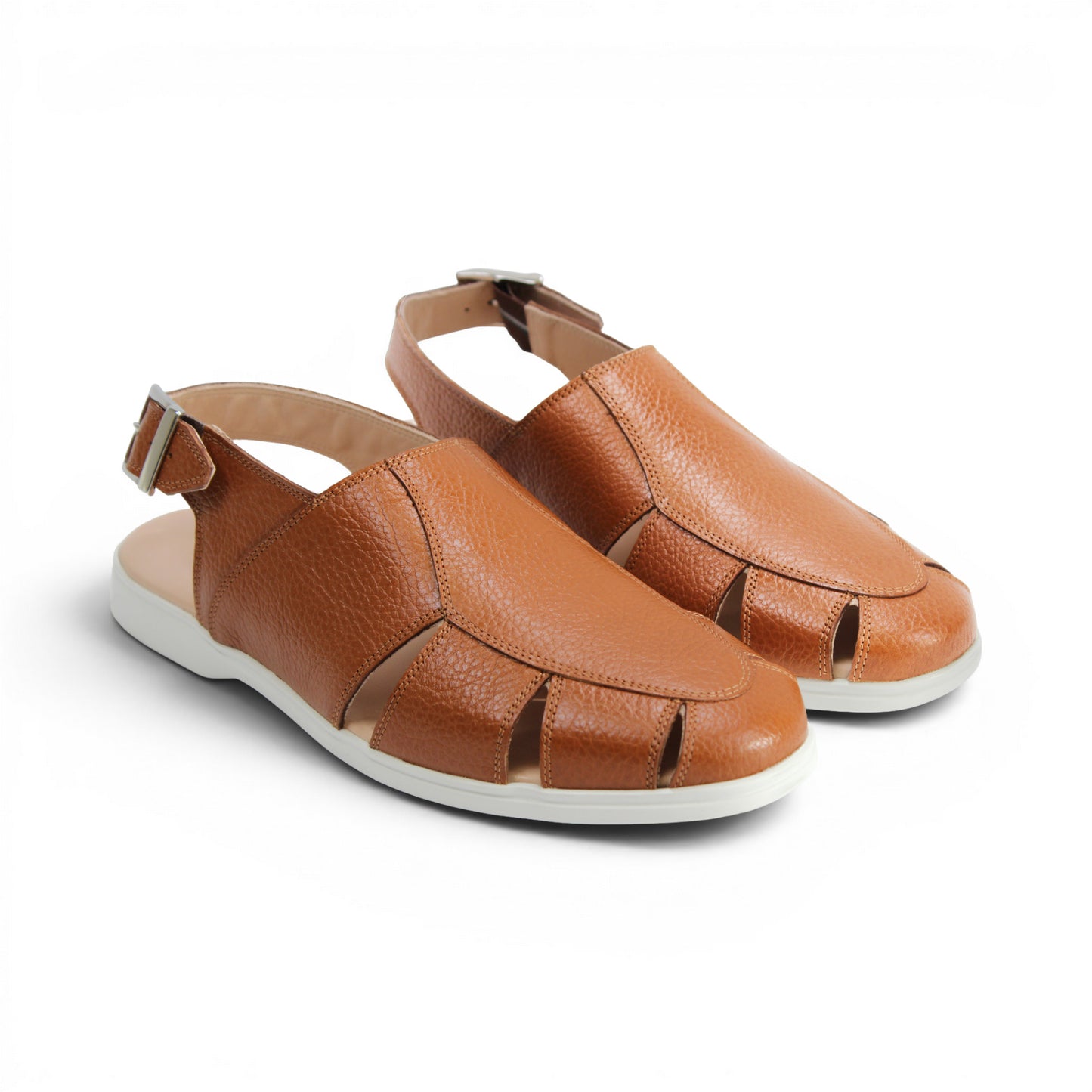 The Duca Di Matiste Duca SA131 Cognac is an Italian-made brown printed calf leather sandal with cutout sides, closed toe, slingback buckle strap, and white rubber sole. Shown in side view on a white background.