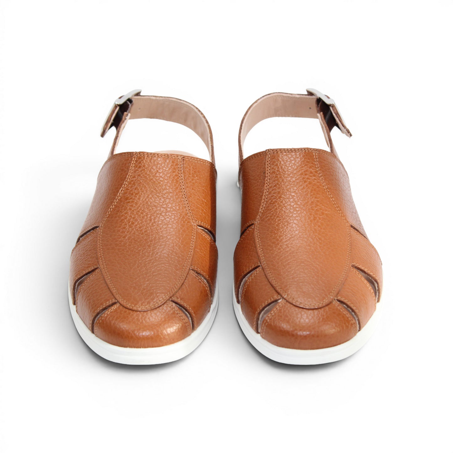 The Duca Di Matiste Duca SA131 Cognac is an Italian-made brown printed calf leather sandal with cutout sides, closed toe, slingback buckle strap, and white rubber sole. Shown in side view on a white background.