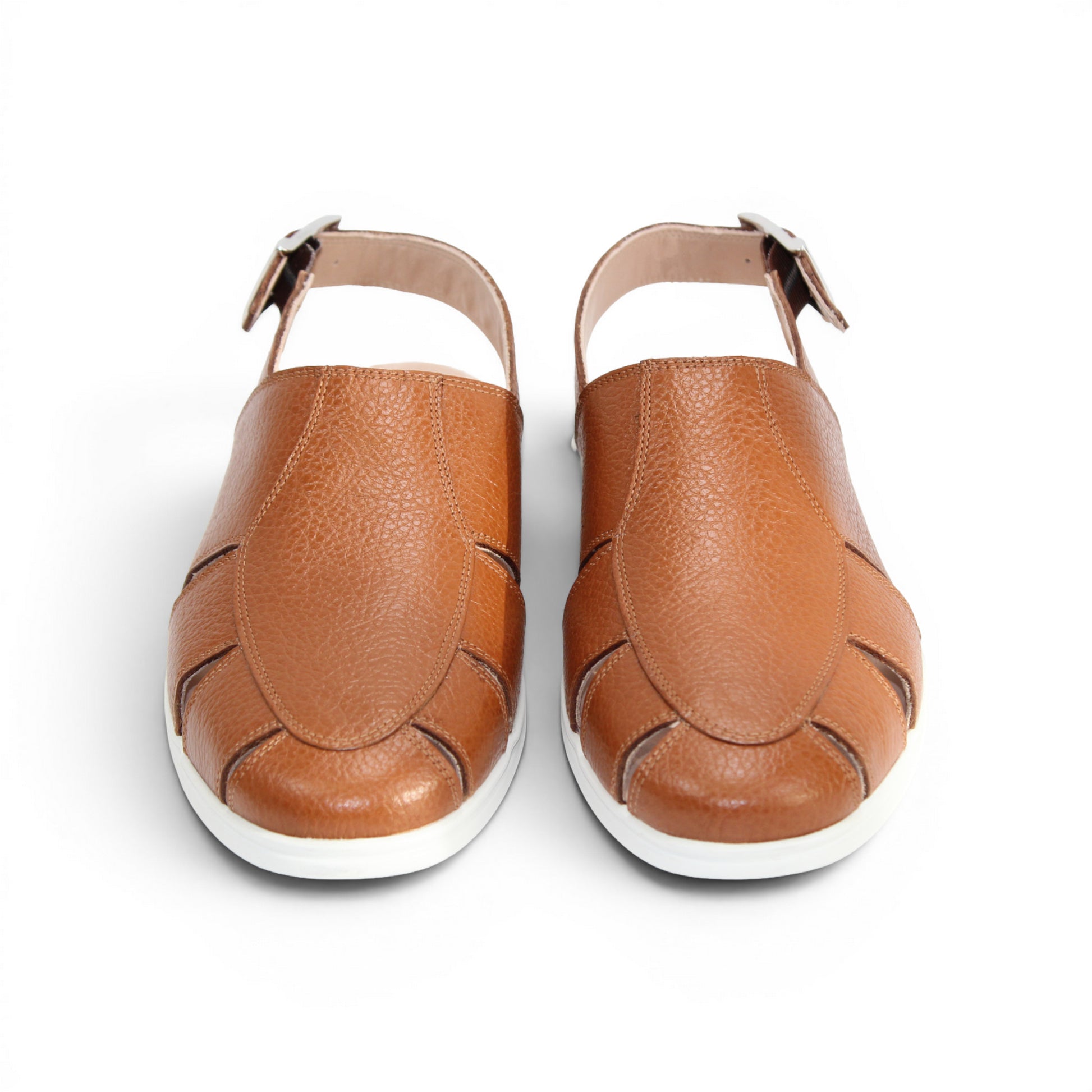 The Duca Di Matiste Duca SA131 Cognac is an Italian-made brown printed calf leather sandal with cutout sides, closed toe, slingback buckle strap, and white rubber sole. Shown in side view on a white background.