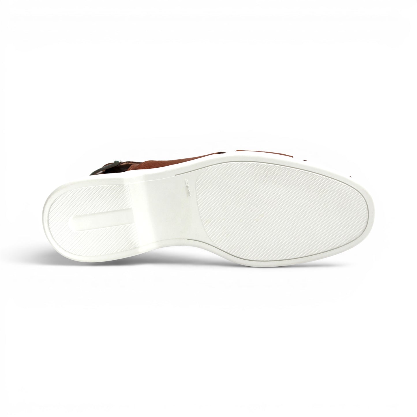 The Duca Di Matiste Duca SA131 Cognac is an Italian-made brown printed calf leather sandal with cutout sides, closed toe, slingback buckle strap, and white rubber sole. Shown in side view on a white background.