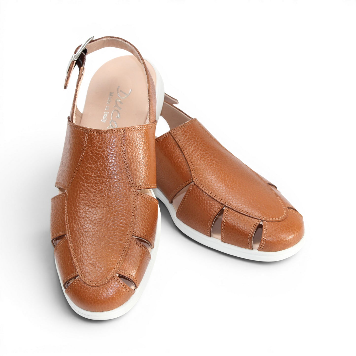 The Duca Di Matiste Duca SA131 Cognac is an Italian-made brown printed calf leather sandal with cutout sides, closed toe, slingback buckle strap, and white rubber sole. Shown in side view on a white background.