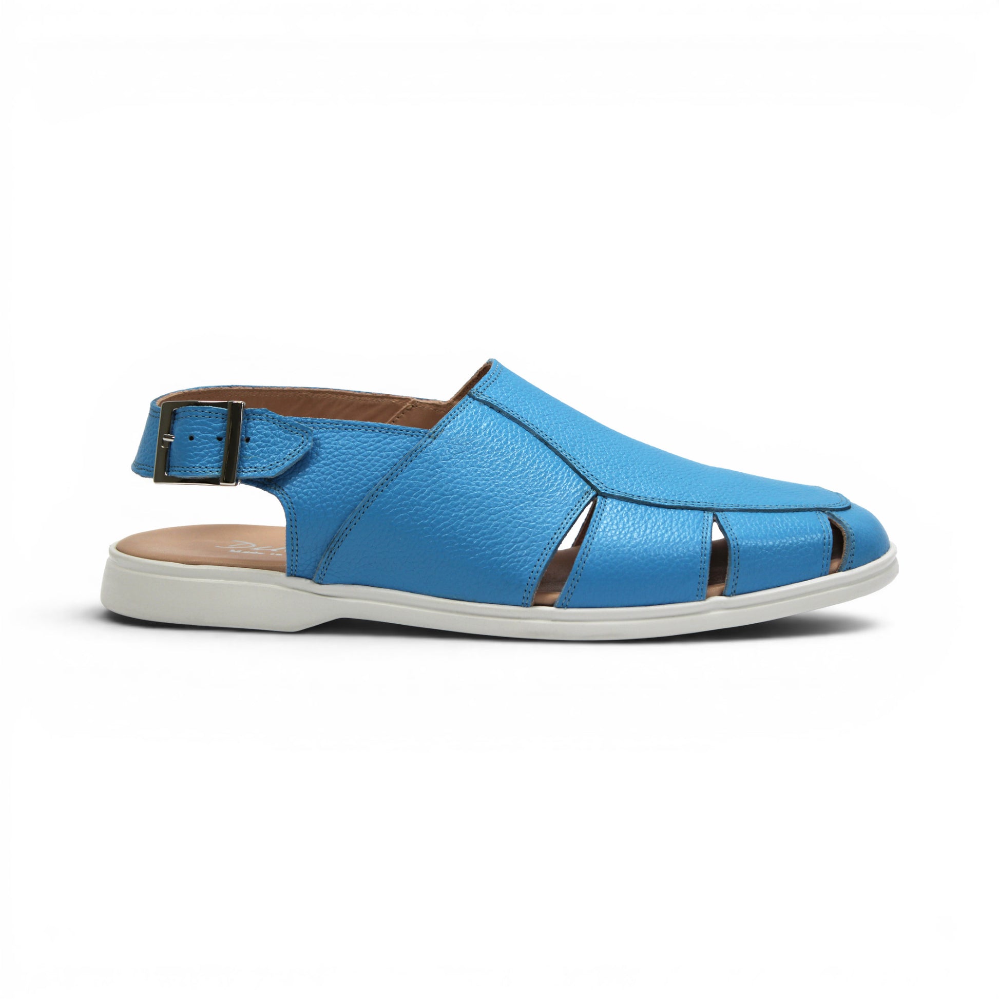 The Duca Di Matiste Duca SA131 Light Blue is an Italian-made sandal in printed calf leather with a white sole, side buckle, and cutout details, displayed in profile on a white background.