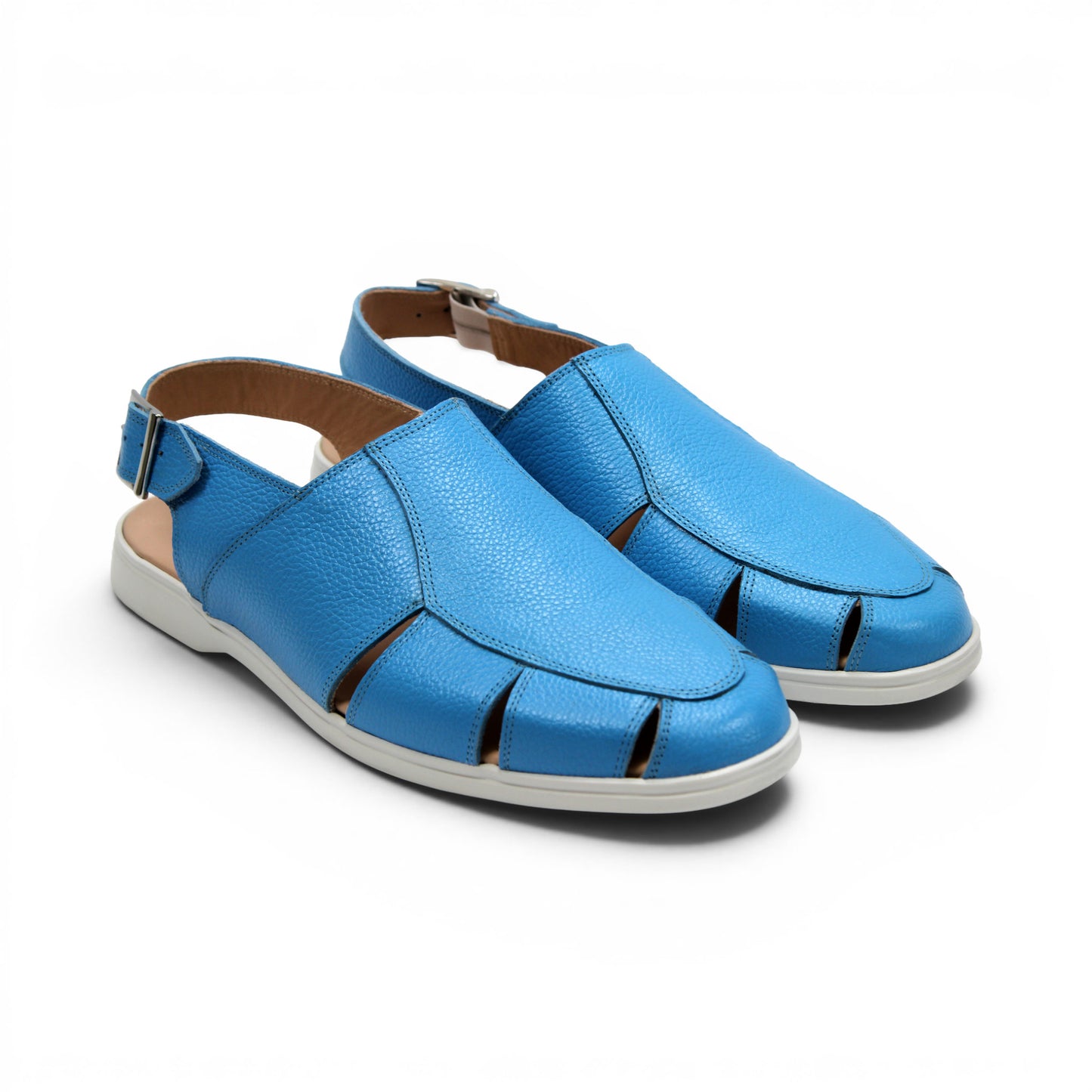 The Duca Di Matiste Duca SA131 Light Blue is an Italian-made sandal in printed calf leather with a white sole, side buckle, and cutout details, displayed in profile on a white background.