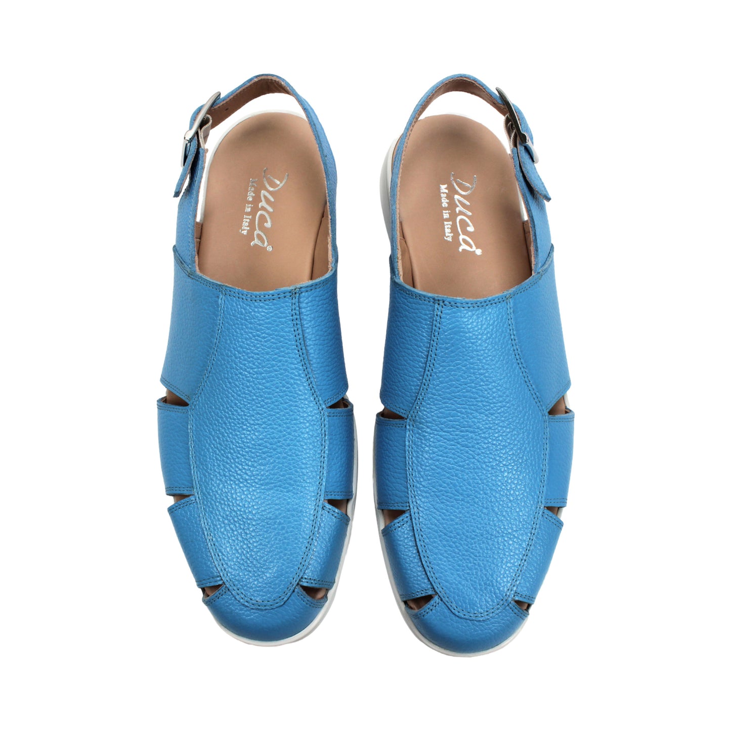 The Duca Di Matiste Duca SA131 Light Blue is an Italian-made sandal in printed calf leather with a white sole, side buckle, and cutout details, displayed in profile on a white background.