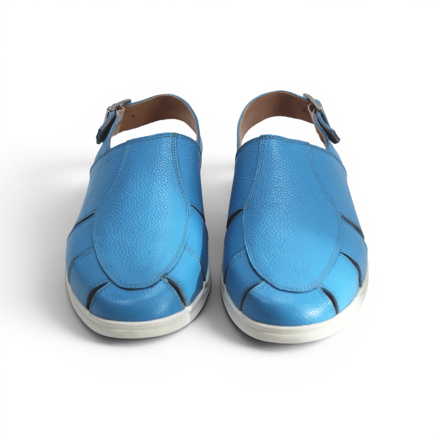 The Duca Di Matiste Duca SA131 Light Blue is an Italian-made sandal in printed calf leather with a white sole, side buckle, and cutout details, displayed in profile on a white background.