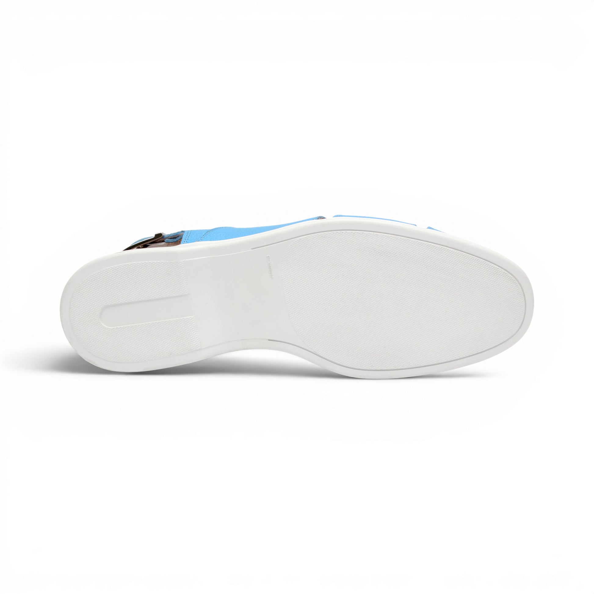 The Duca Di Matiste Duca SA131 Light Blue is an Italian-made sandal in printed calf leather with a white sole, side buckle, and cutout details, displayed in profile on a white background.