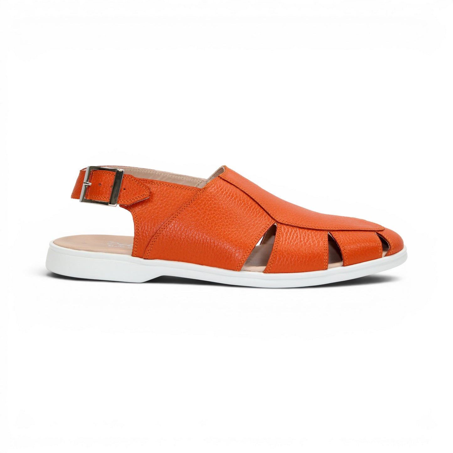 The Duca Di Matiste Duca SA131 Orange sandal features orange leather, open toe, side cutouts, a white sole, and an adjustable ankle strap with buckle. Displayed on a white background.
