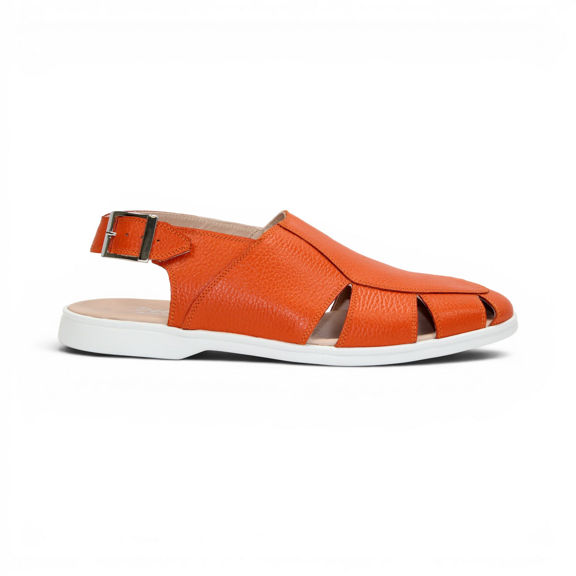 The Duca Di Matiste Duca SA131 Orange sandal features orange leather, open toe, side cutouts, a white sole, and an adjustable ankle strap with buckle. Displayed on a white background.