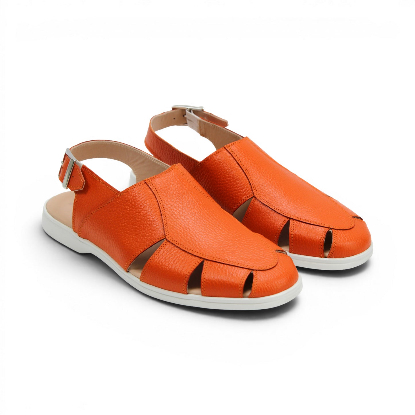 The Duca Di Matiste Duca SA131 Orange sandal features orange leather, open toe, side cutouts, a white sole, and an adjustable ankle strap with buckle. Displayed on a white background.