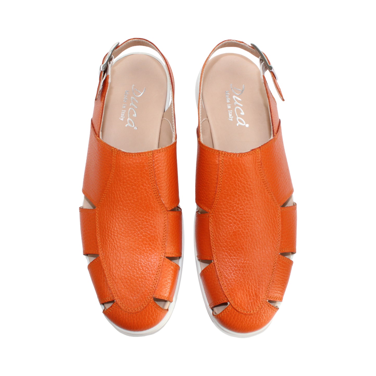 The Duca Di Matiste Duca SA131 Orange sandal features orange leather, open toe, side cutouts, a white sole, and an adjustable ankle strap with buckle. Displayed on a white background.