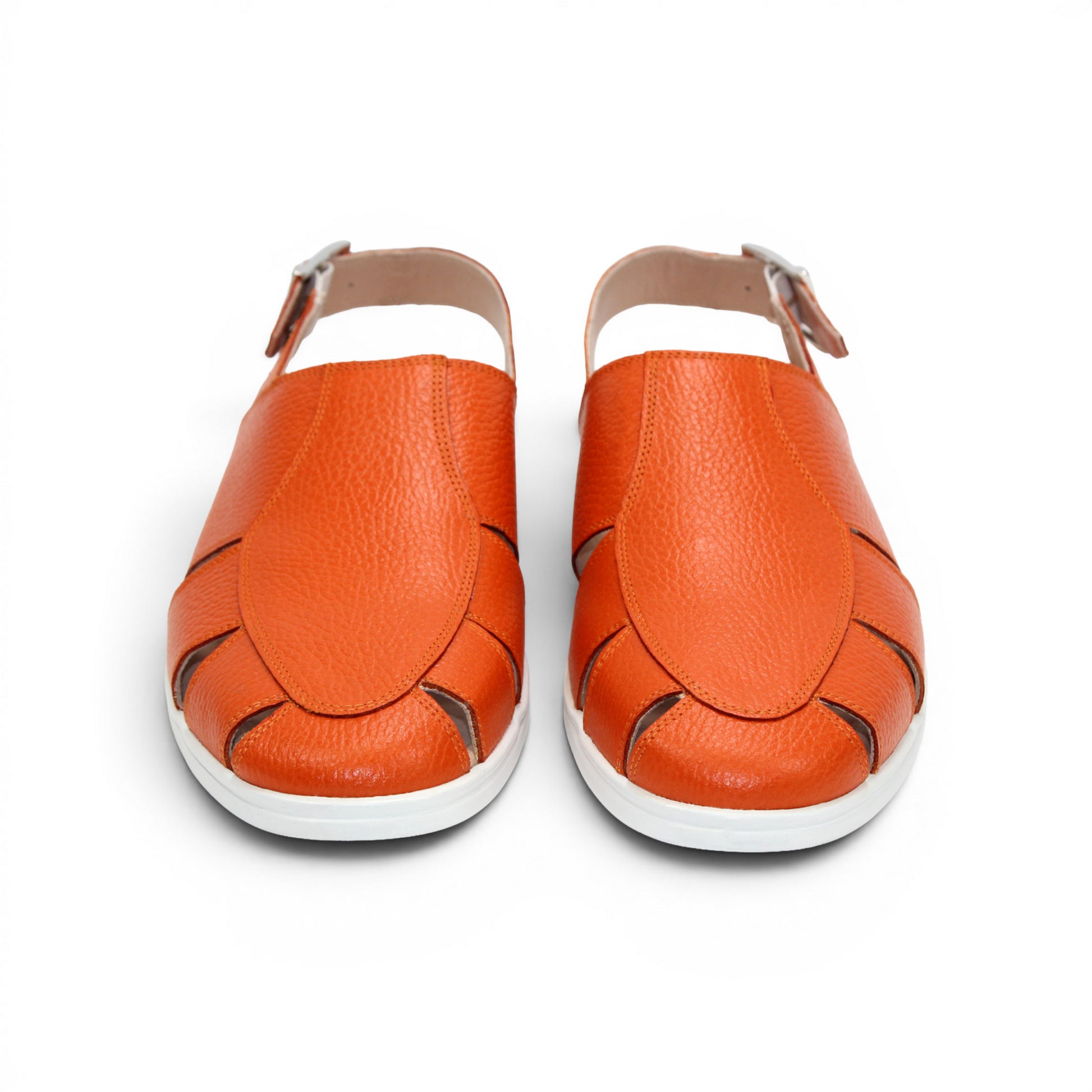 The Duca Di Matiste Duca SA131 Orange sandal features orange leather, open toe, side cutouts, a white sole, and an adjustable ankle strap with buckle. Displayed on a white background.