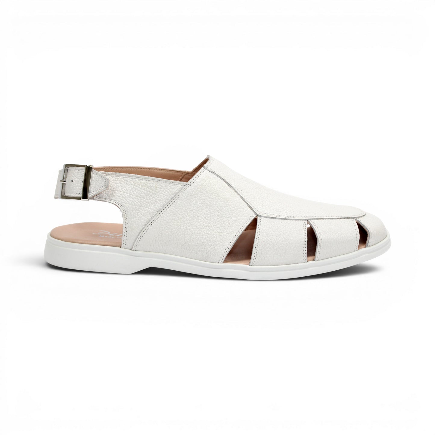 The Duca Di Matiste Duca SA131 White sandal features printed calf leather with cut-out sides, an adjustable buckle ankle strap, and a rubber sole, shown elegantly against a plain white background.