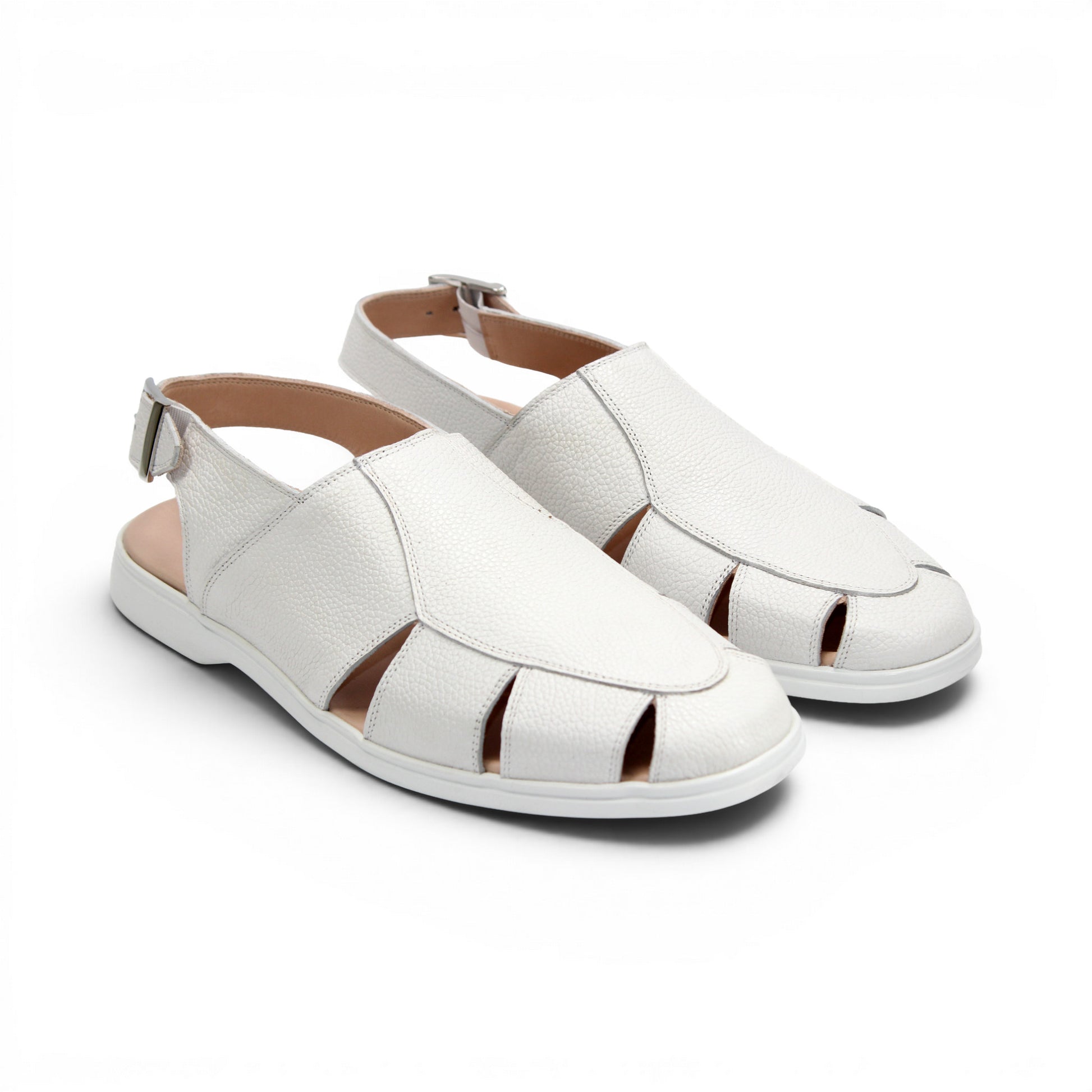 The Duca Di Matiste Duca SA131 White sandal features printed calf leather with cut-out sides, an adjustable buckle ankle strap, and a rubber sole, shown elegantly against a plain white background.
