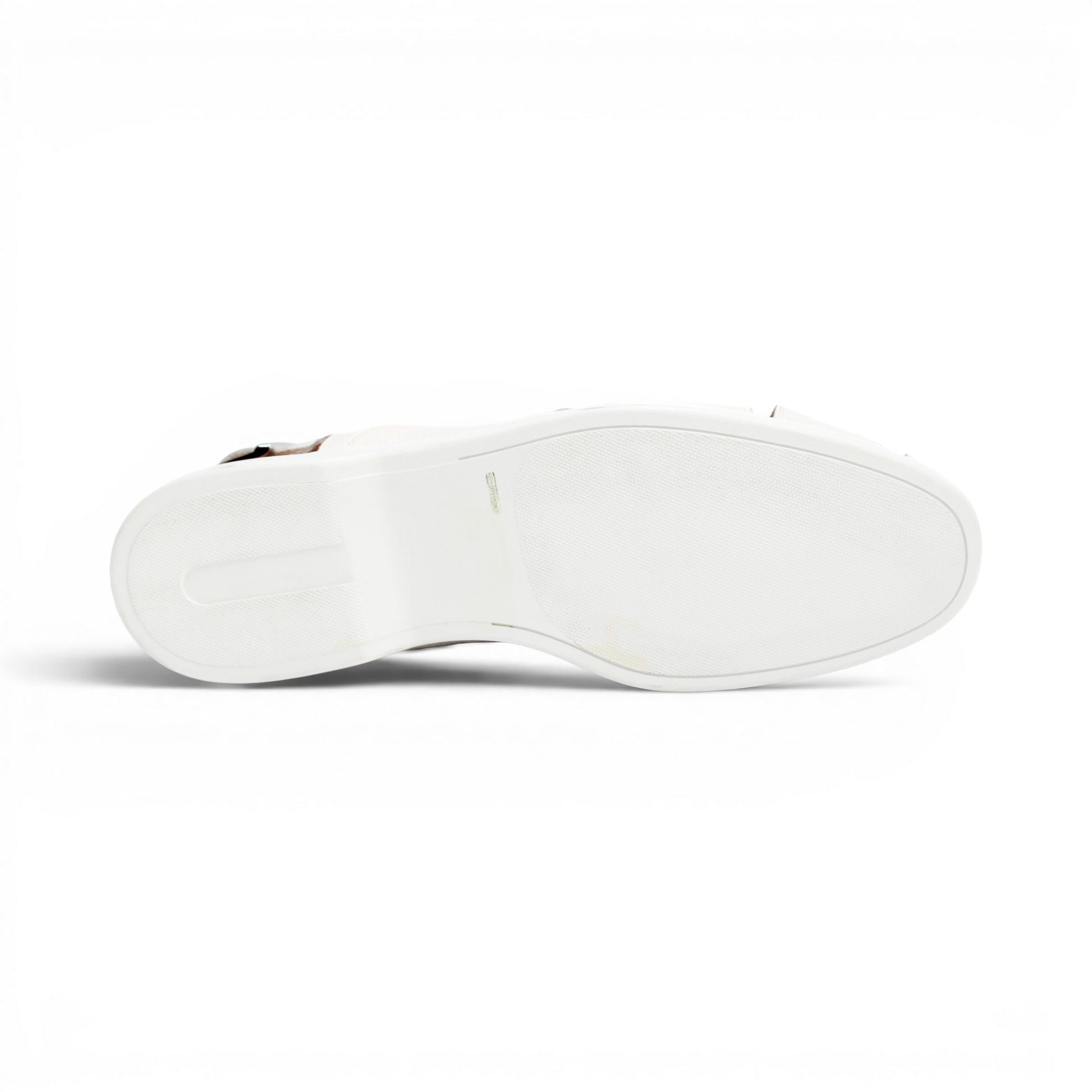 The Duca Di Matiste Duca SA131 White sandal features printed calf leather with cut-out sides, an adjustable buckle ankle strap, and a rubber sole, shown elegantly against a plain white background.