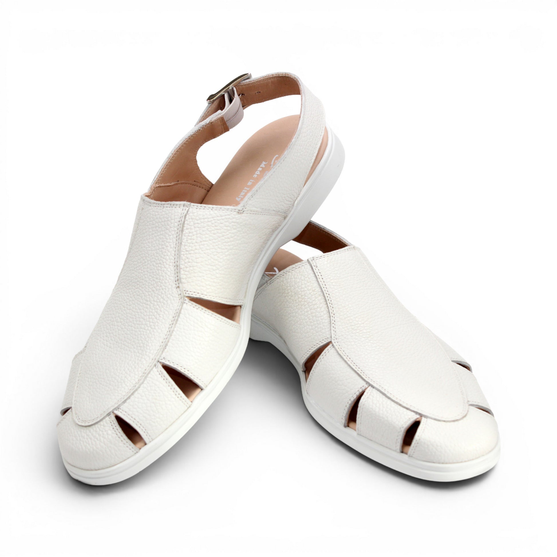 The Duca Di Matiste Duca SA131 White sandal features printed calf leather with cut-out sides, an adjustable buckle ankle strap, and a rubber sole, shown elegantly against a plain white background.