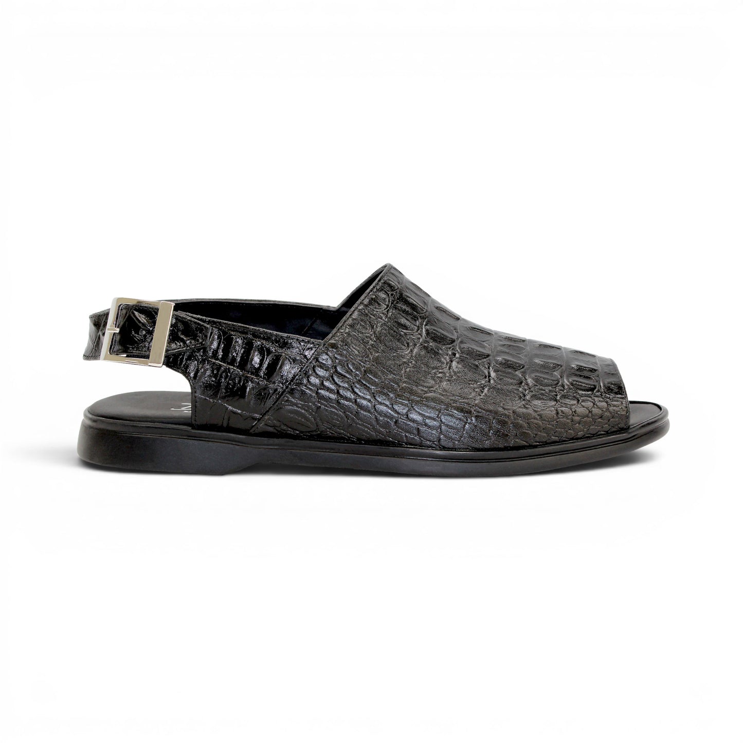 The Duca Di Matiste Duca SA136 Black sandal features faux-crocodile texture, open toe, closed back, adjustable buckle strap, and flat sole. Shown in side view on a white background.