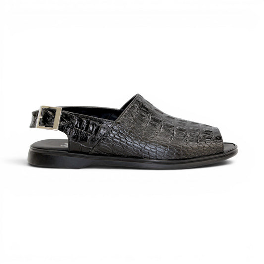 The Duca Di Matiste Duca SA136 Black sandal features faux-crocodile texture, open toe, closed back, adjustable buckle strap, and flat sole. Shown in side view on a white background.