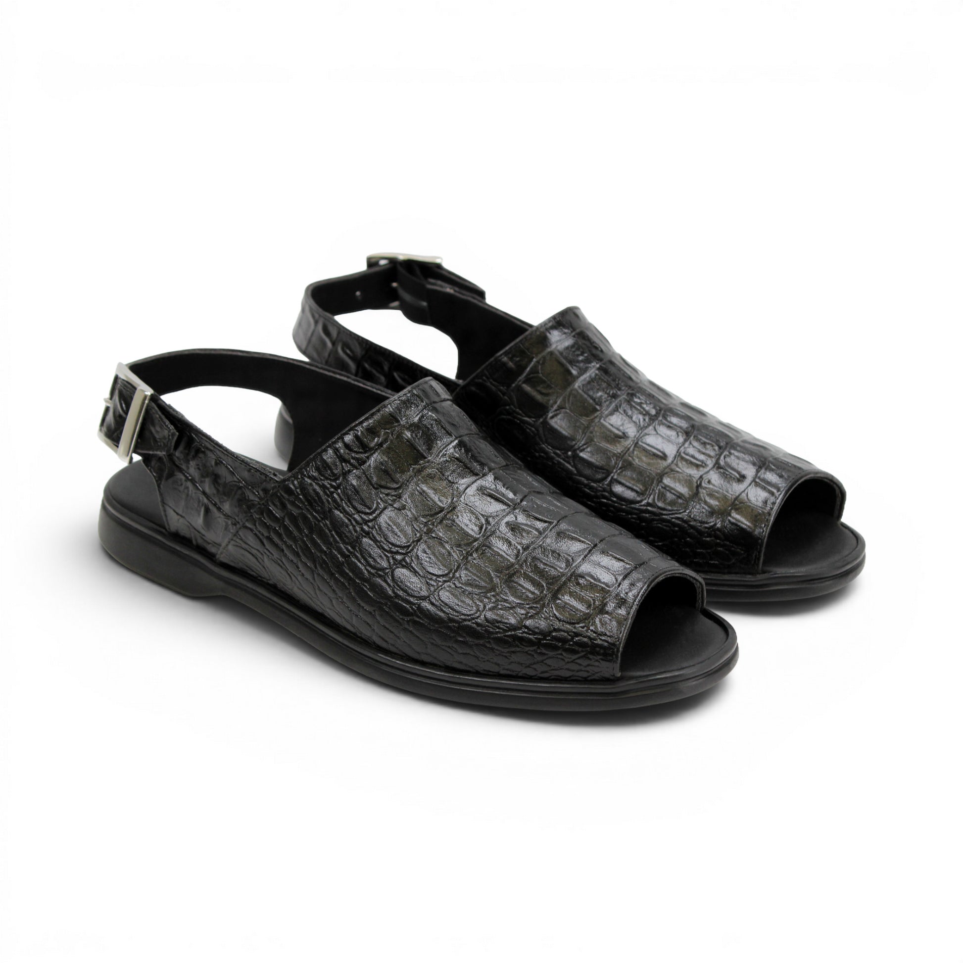 The Duca Di Matiste Duca SA136 Black sandal features faux-crocodile texture, open toe, closed back, adjustable buckle strap, and flat sole. Shown in side view on a white background.