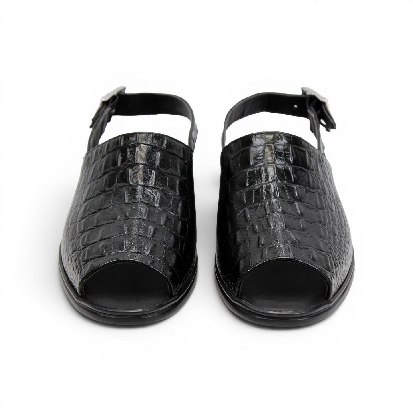The Duca Di Matiste Duca SA136 Black sandal features faux-crocodile texture, open toe, closed back, adjustable buckle strap, and flat sole. Shown in side view on a white background.