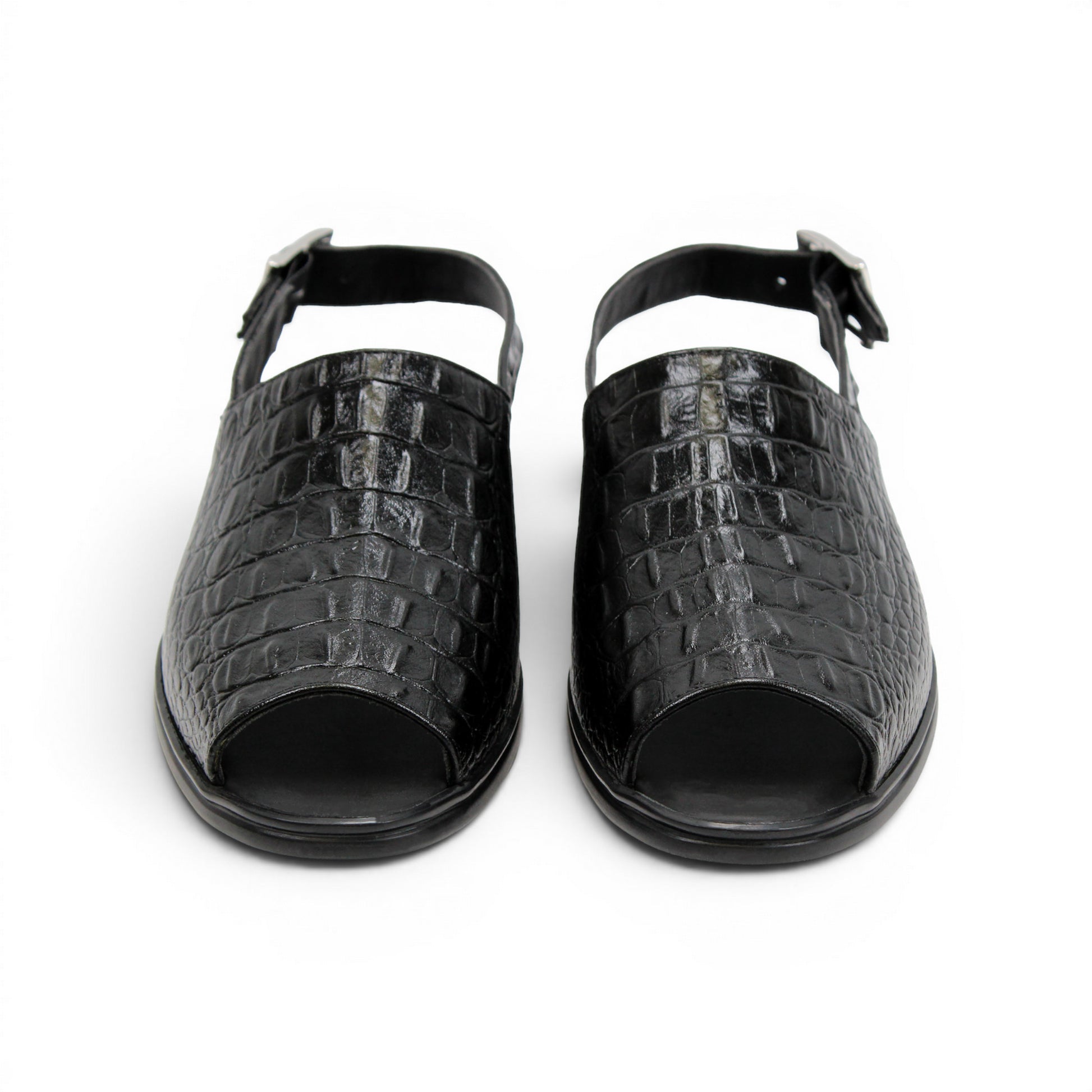 The Duca Di Matiste Duca SA136 Black sandal features faux-crocodile texture, open toe, closed back, adjustable buckle strap, and flat sole. Shown in side view on a white background.