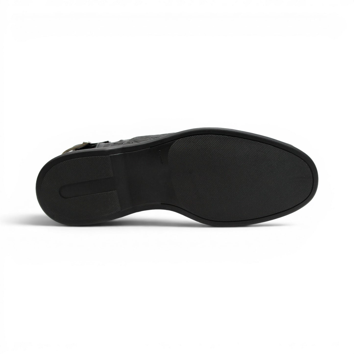 The Duca Di Matiste Duca SA136 Black sandal features faux-crocodile texture, open toe, closed back, adjustable buckle strap, and flat sole. Shown in side view on a white background.