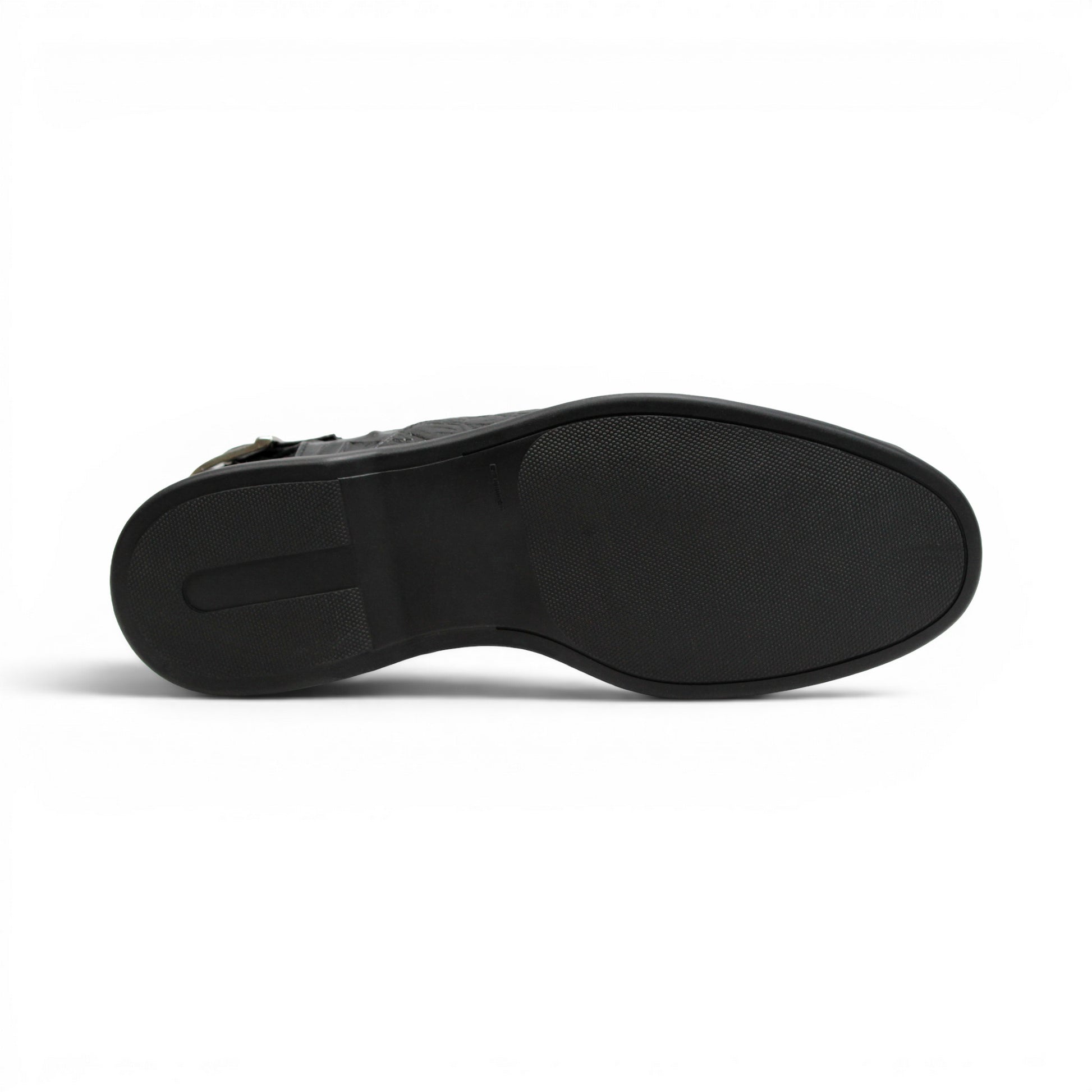 The Duca Di Matiste Duca SA136 Black sandal features faux-crocodile texture, open toe, closed back, adjustable buckle strap, and flat sole. Shown in side view on a white background.
