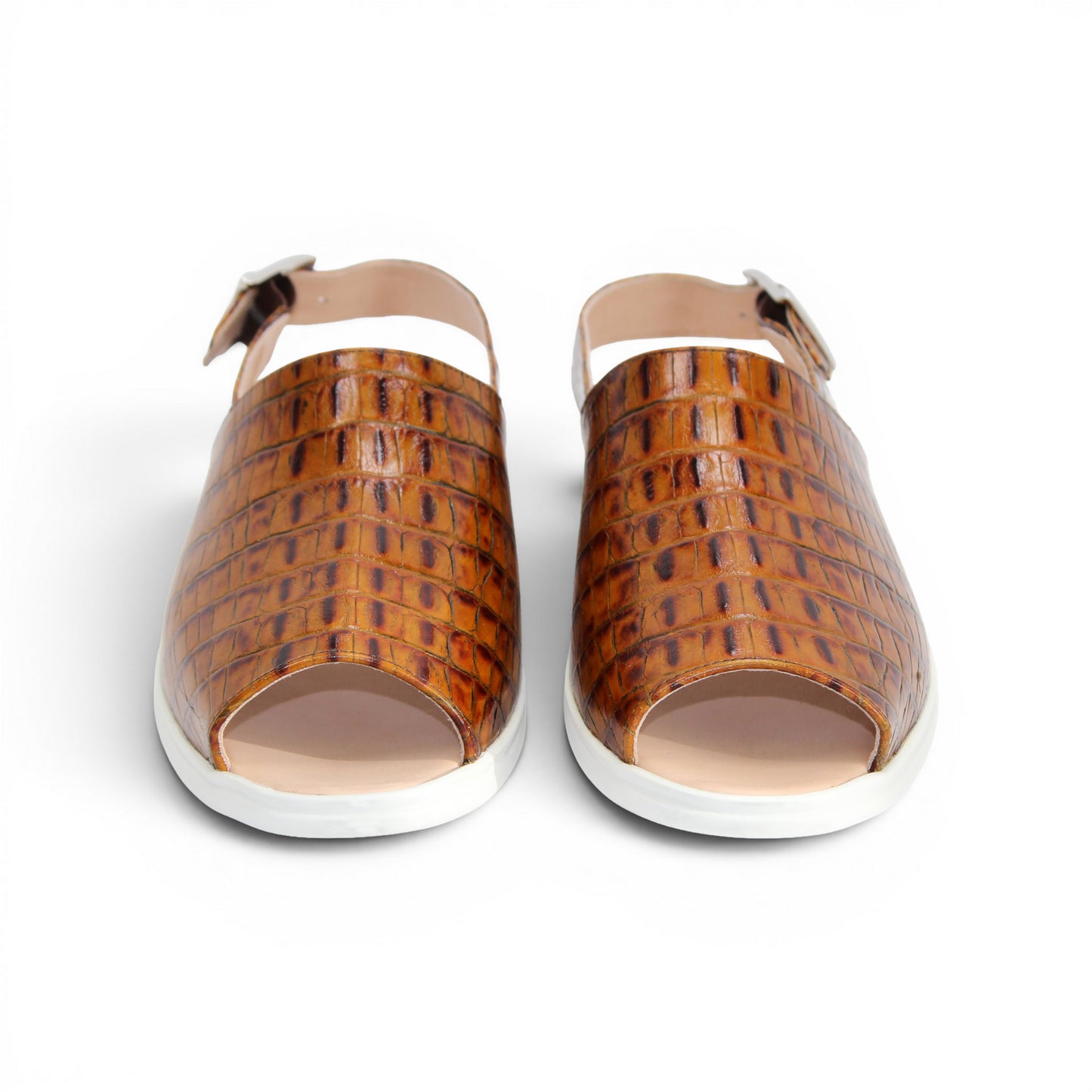 The Duca Di Matiste Duca SA136 Cognac sandal features brown crocodile-patterned calf leather, a closed toe, adjustable buckle strap, and white flat sole for modern comfort, shown on a white background.